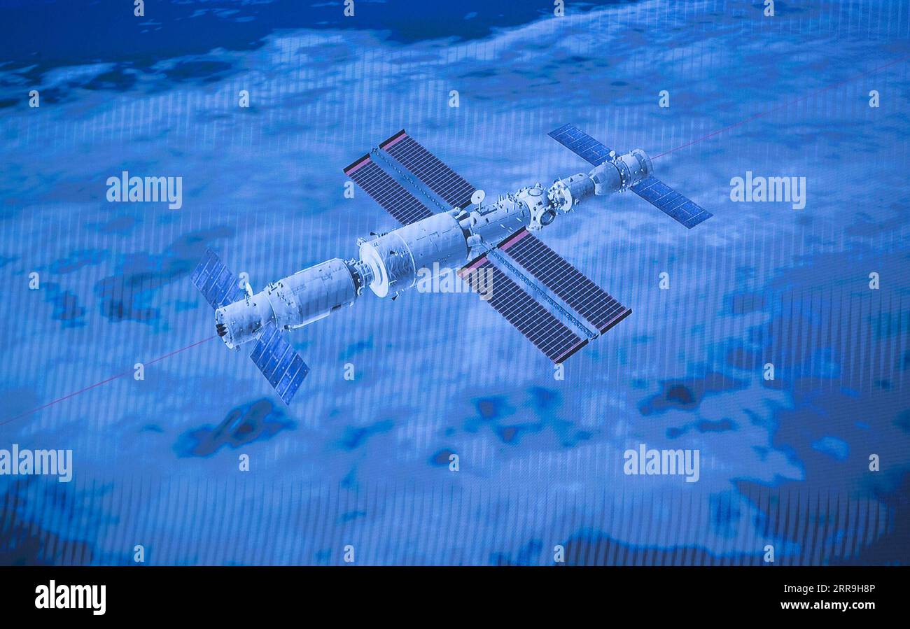 210617 -- BEIJING, June 17, 2021 -- Screen image captured at Beijing Aerospace Control Center in Beijing, capital of China, June 17, 2021 shows China s Shenzhou-12 manned spaceship having successfully docked with the space station core module Tianhe. China s Shenzhou-12 manned spaceship has successfully docked with the space station core module Tianhe on Thursday, according to the China Manned Space Agency CMSA. The spaceship, launched on Thursday morning, completed orbital status setting after entering the orbit and conducted a fast autonomous rendezvous and docking with the front docking por Stock Photo