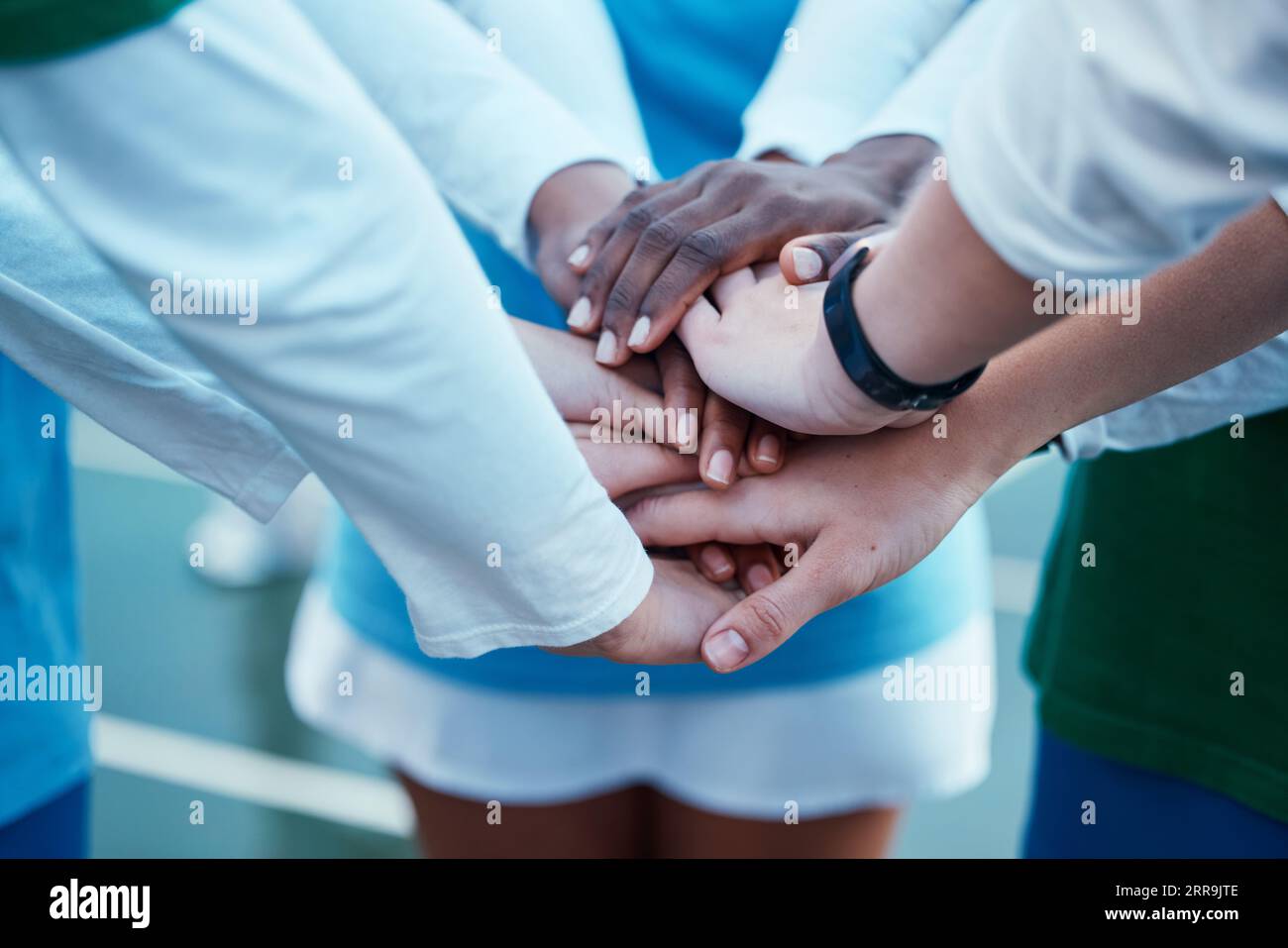 Sports, hands and team with support, trust and motivation for a ...