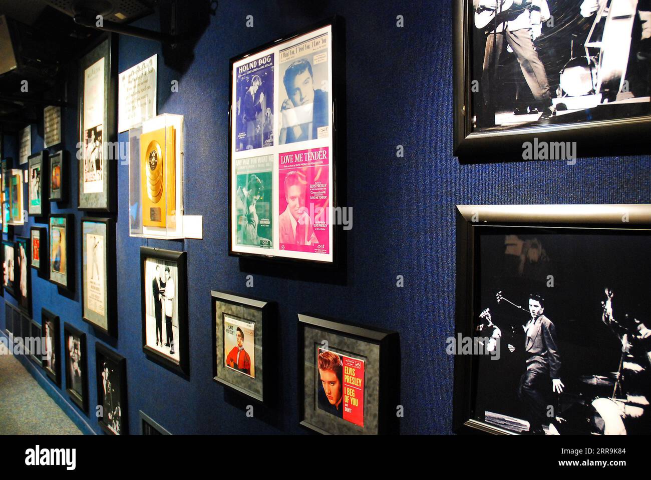 Movie posters and Mementos from the life and career of Elvis Presley on display in Graceland, Memphis, Tennessee Stock Photo