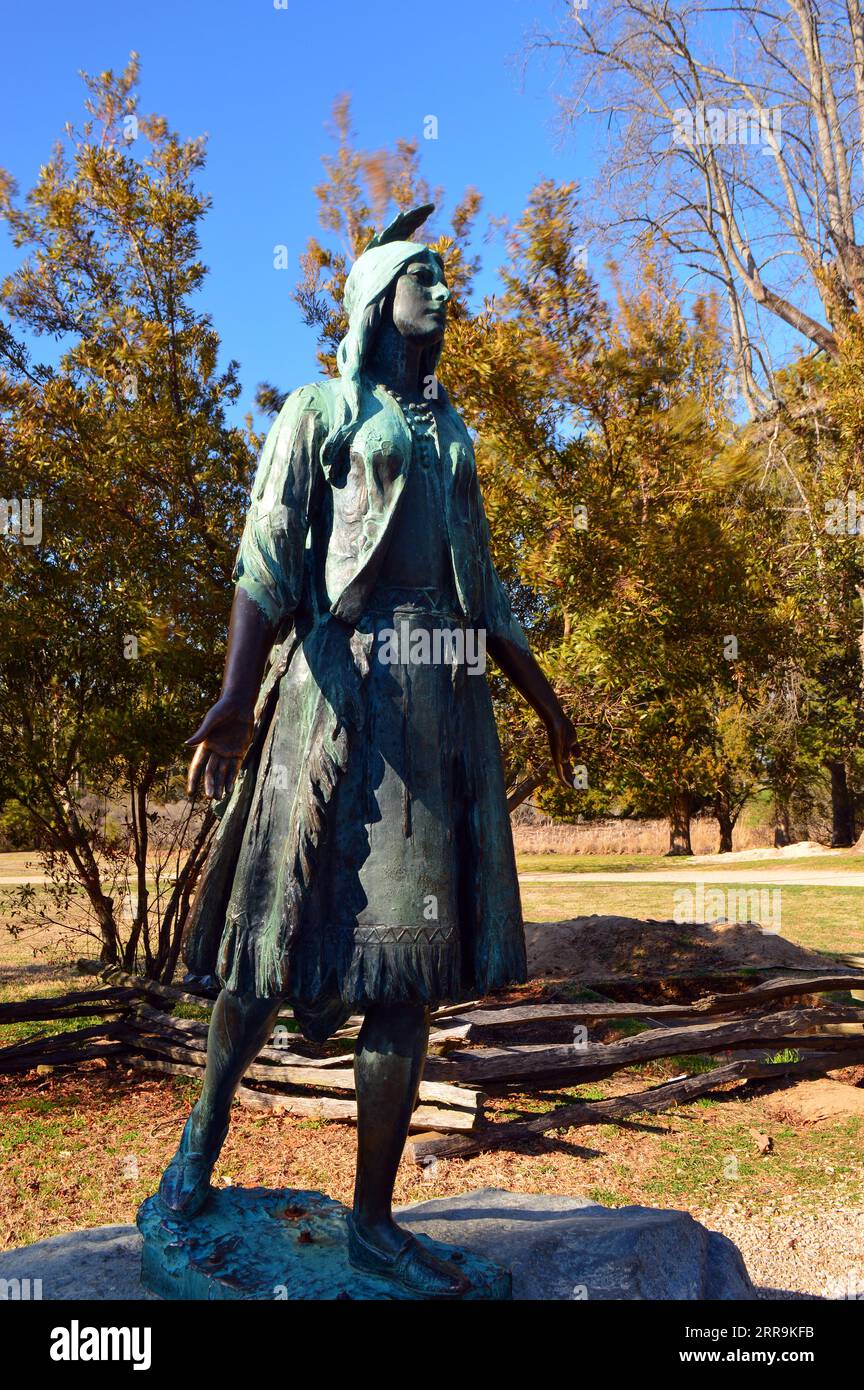 A statue of Pocahontas graces the Jamestown Virginia sight Stock Photo