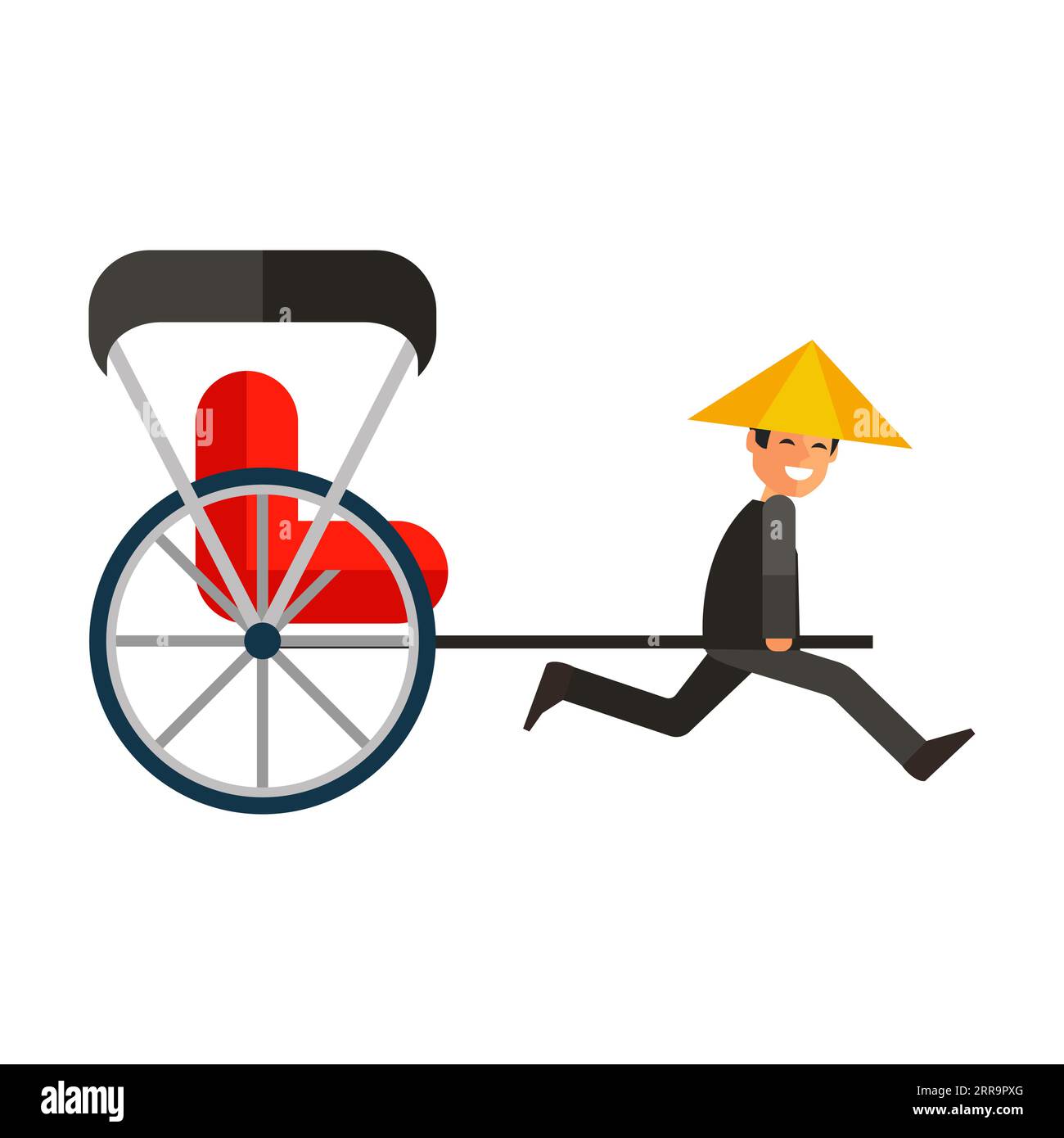 Rickshaw driver in straw hat running flat vector icon Stock Vector