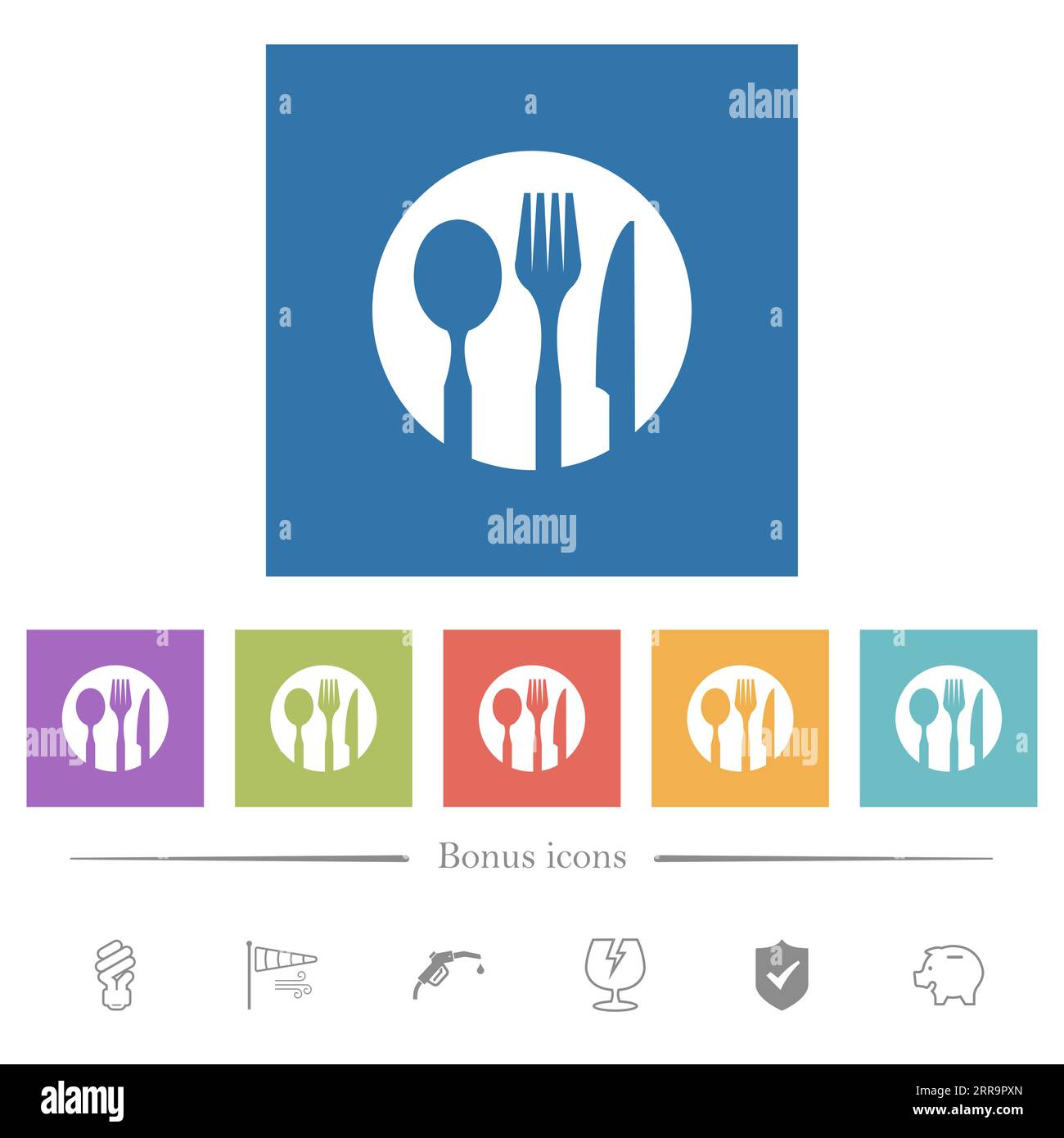 Tableware set solid flat white icons in square backgrounds. 6 bonus icons included. Stock Vector