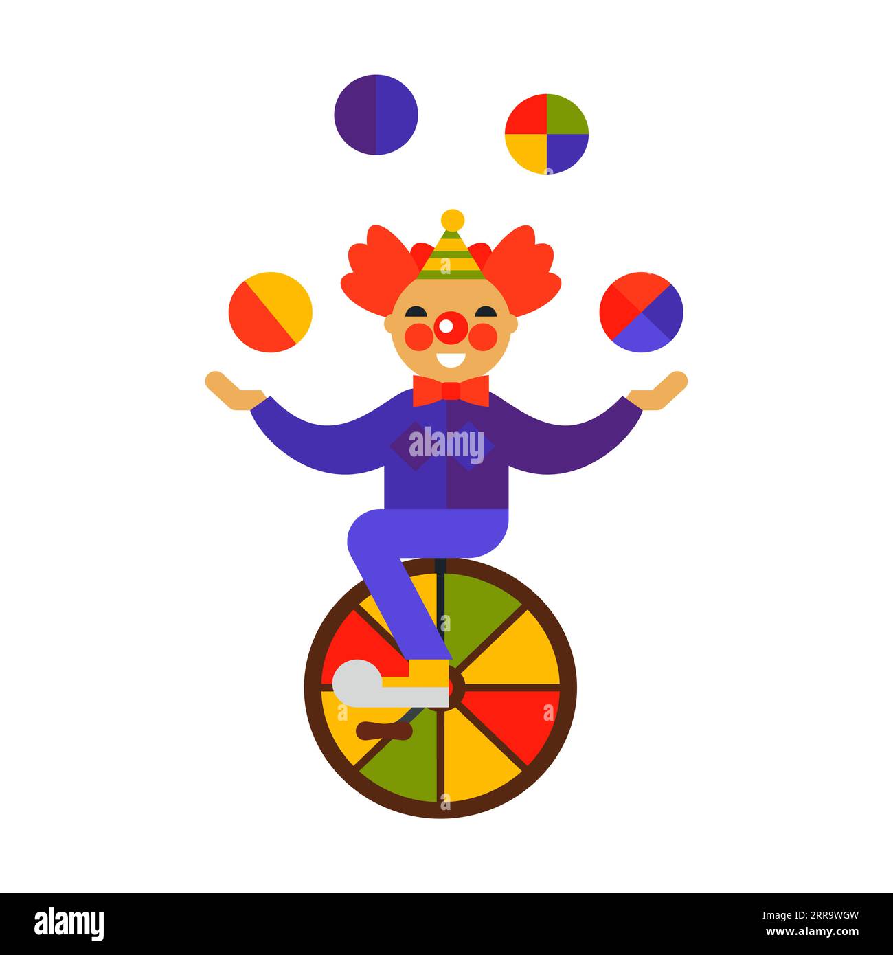 Happy clown juggling and riding unicycle flat vector icon Stock Vector