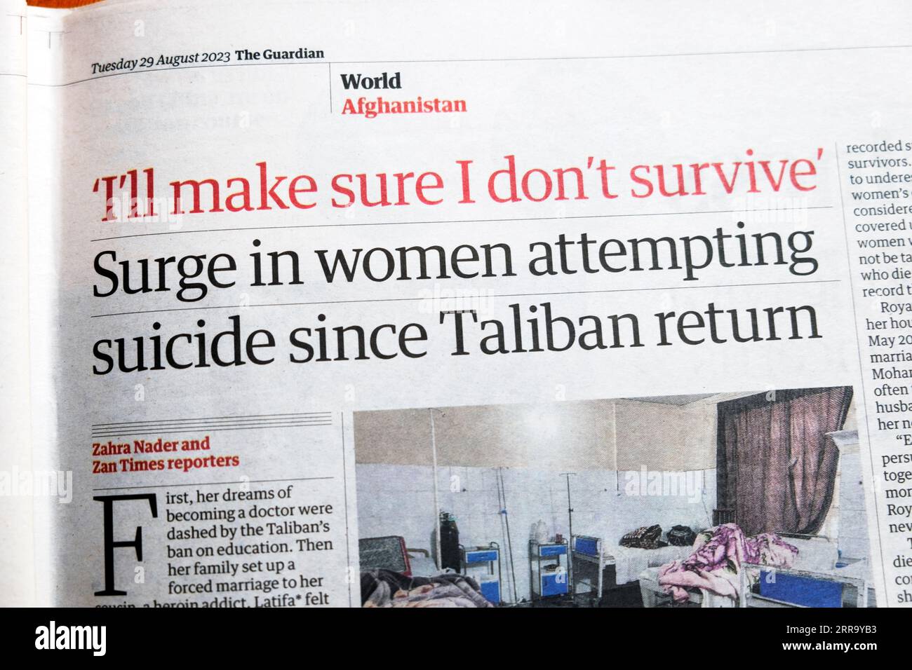 'Surge in women attempting suicide since Taliban return' Guardian newspaper headline Afghanistan Afghan suicides article 29 August 2023 London UK Stock Photo