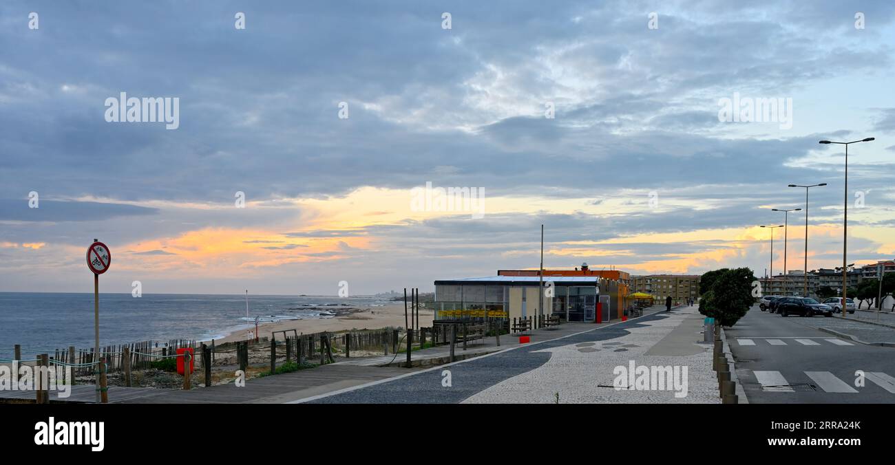 Beach front walkway with car parking, beach is Praia de Angeiras, near