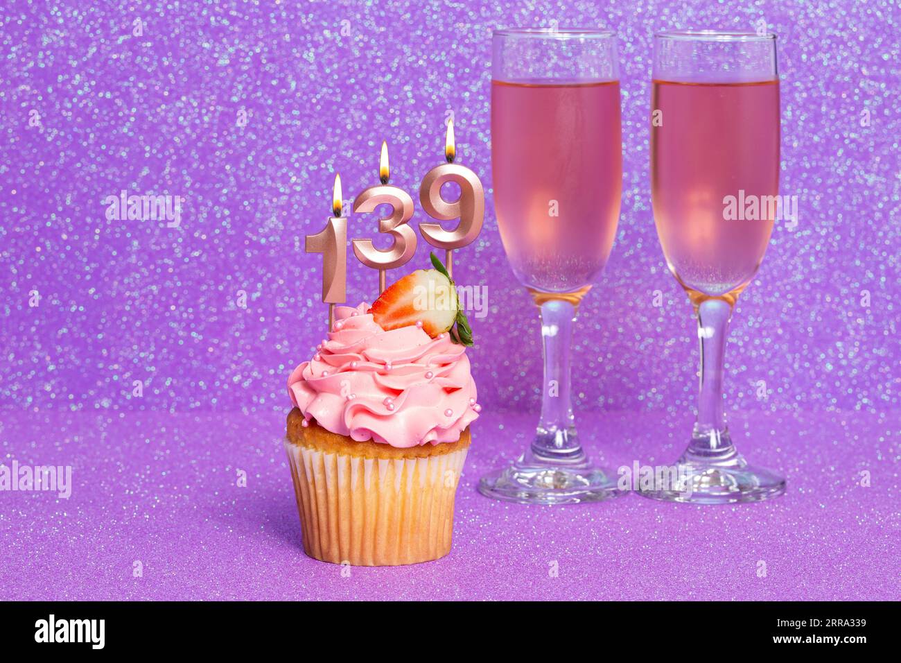 Cupcake With Number And Glasses With Wine For Birthday Or Anniversary Celebration; Number One Hundred Thirty Nine. Stock Photo