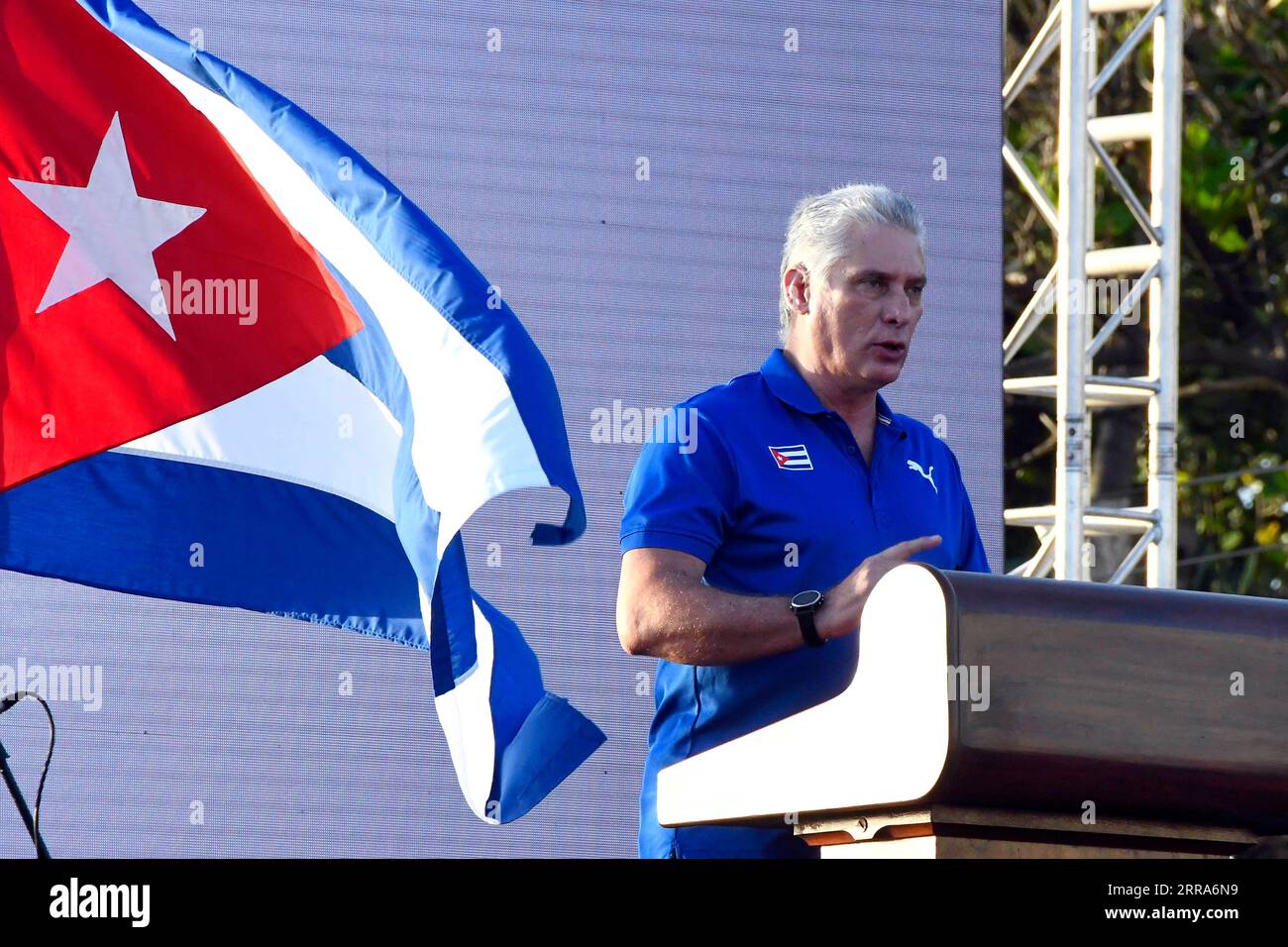 210718 -- HAVANA, July 18, 2021 -- Cuban President Miguel Diaz-Canel delivers a speech during a political gathering in Havana, Cuba, July 17, 2021. Thousands of Cubans on Saturday gathered at the La Piragua esplanade in Havana to express their support of the island s government after the recent unrest. Raul Castro, leader of the Cuban socialist revolution, President Miguel Diaz-Canel, high-ranking officials, and leaders of social organizations attended the event. Photo by /Xinhua CUBA-HAVANA-GATHERING JoaquinxHernandez PUBLICATIONxNOTxINxCHN Stock Photo