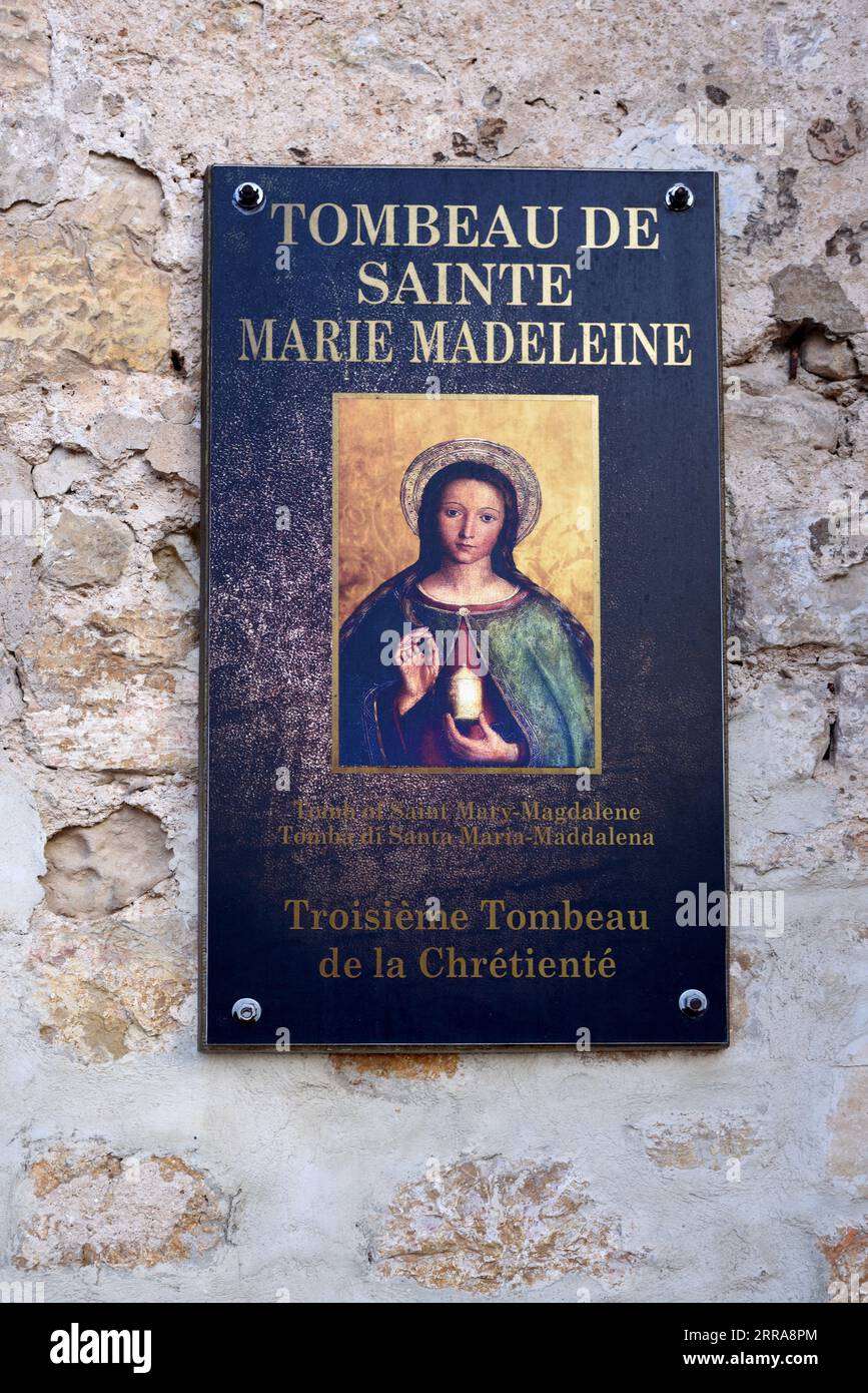 Information Panel of Mary Magdalene Tomb in Church or Basilica of Mary Magdalene Saint-Maximin-la-Sainte-Baume (1295-1532) Var Provence France Stock Photo