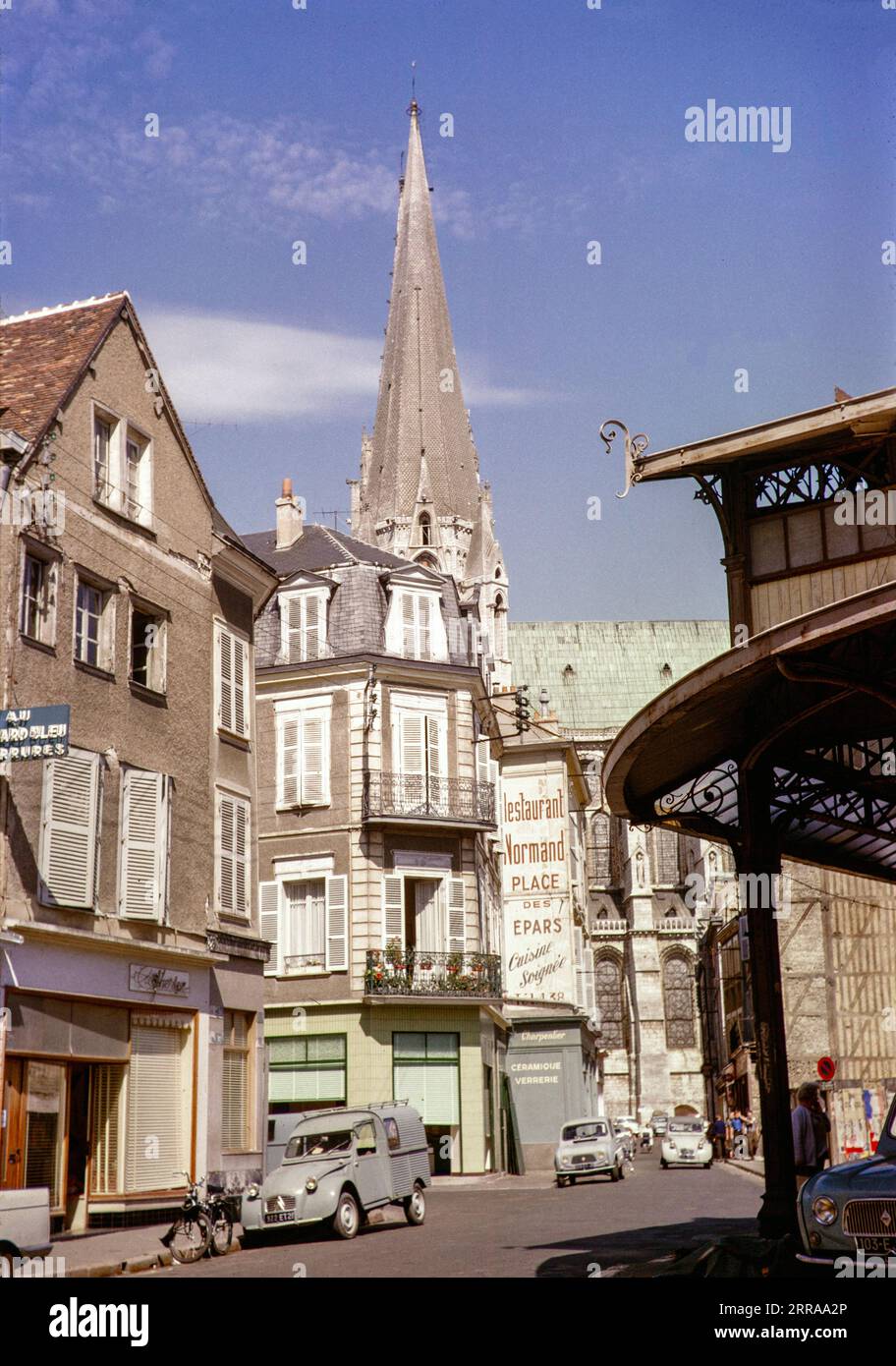 Historic buildings city street cathedral church at Chartres, France 1964 Stock Photo