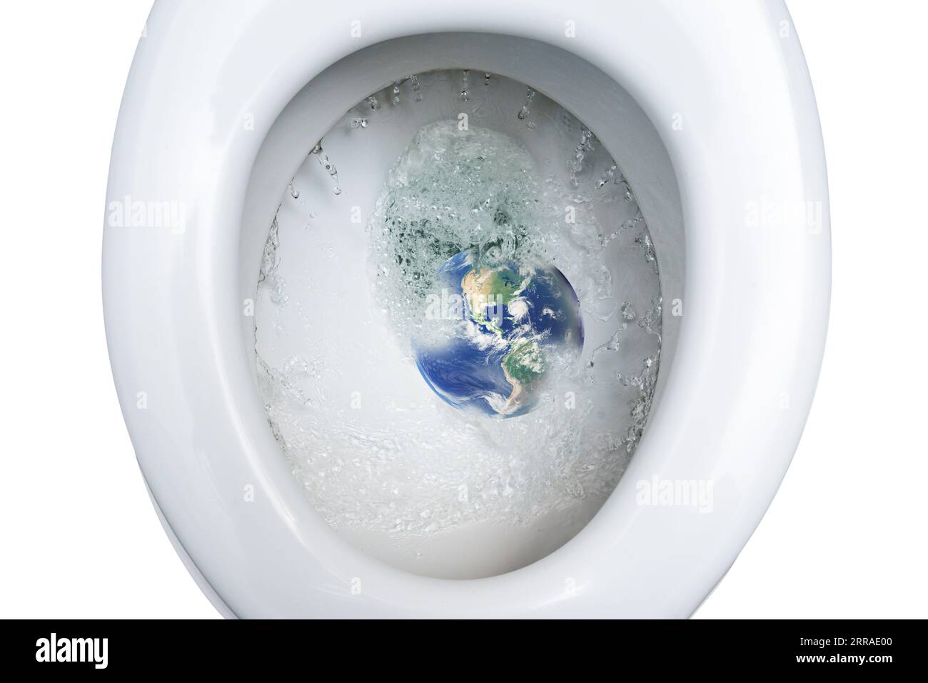 Planet earth is flushed with a lot of drinking water into a toilet bowl, waste of environmental resources and water saving concept, top view, copy spa Stock Photo