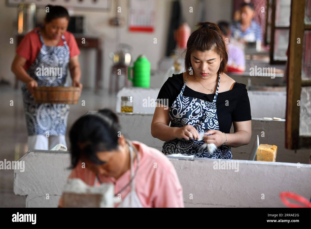 210727 -- JINGXIAN, July 27, 2021 -- Workers make Xuan ink brushes at a local manufacturer in Huangcun Township of Jingxian County, east China s Anhui Province, July 22, 2021. The ink brush, ink, Chinese Xuan paper and ink slabs are four traditional writing materials of Chinese stationery. The artistry of different types of Chinese calligraphy scripts as well as painting with traditional Chinese ink strokes require a variety of brushes. The hair of the Xuan ink brush is usually made from the hair of rabbits, weasels or goats, while the handle is typically made of bamboo. The traditional techni Stock Photo