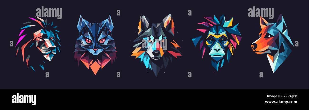 Vibrant animal portrait icon set. Geometric heads with modern luminous colors. Wild predators head in a futuristic polygonal style for logo, emblem Stock Vector