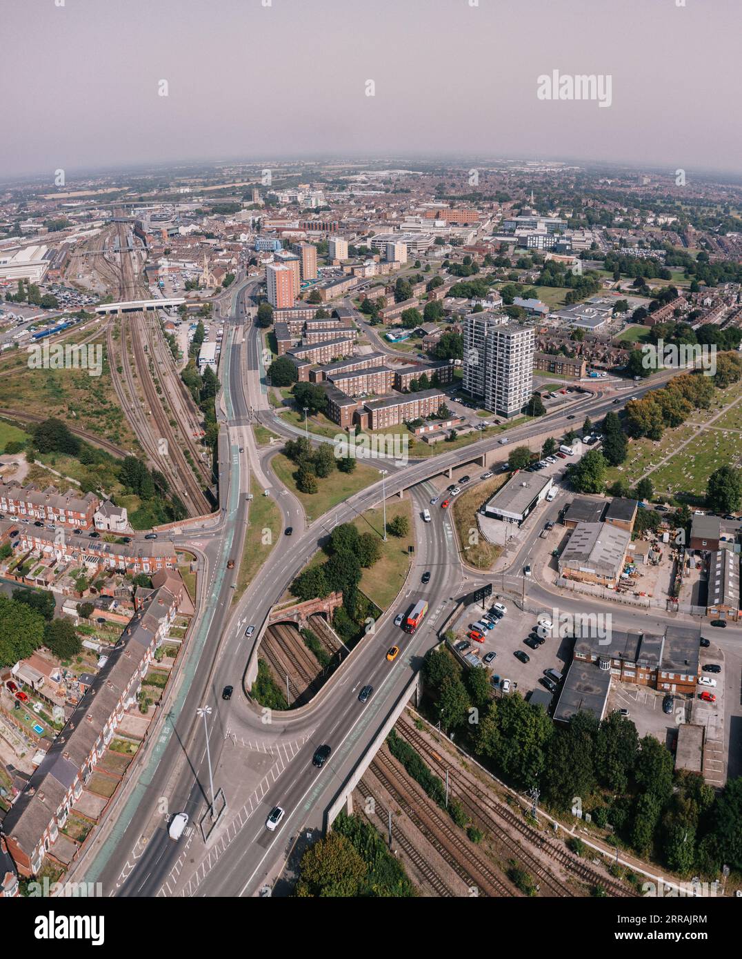 An aerial panoramic view of Doncaster city centre in a cityscape skyline with road and rail transport access Stock Photo