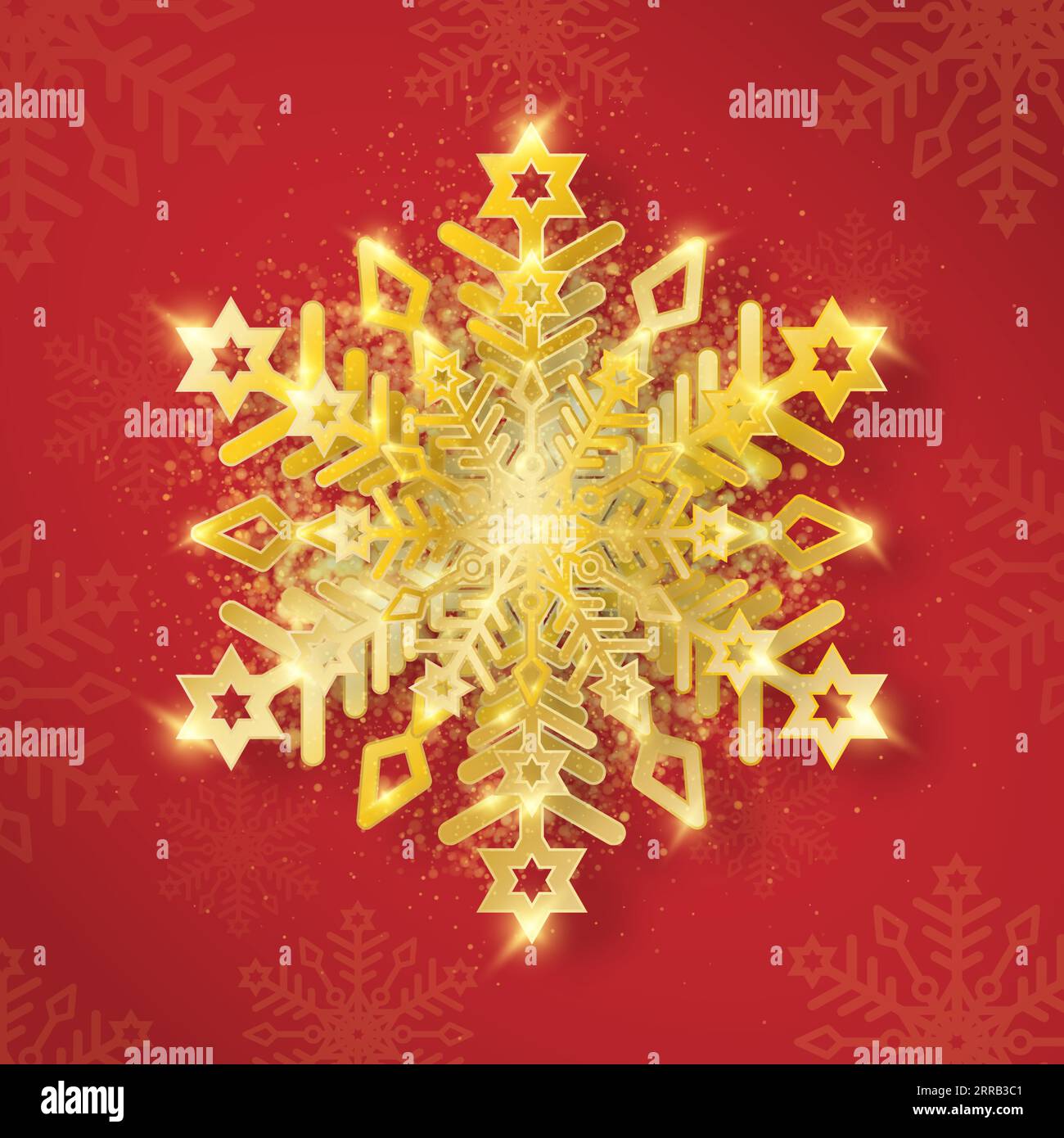 Golden snowflake with highlights and glitter on a red background for ...