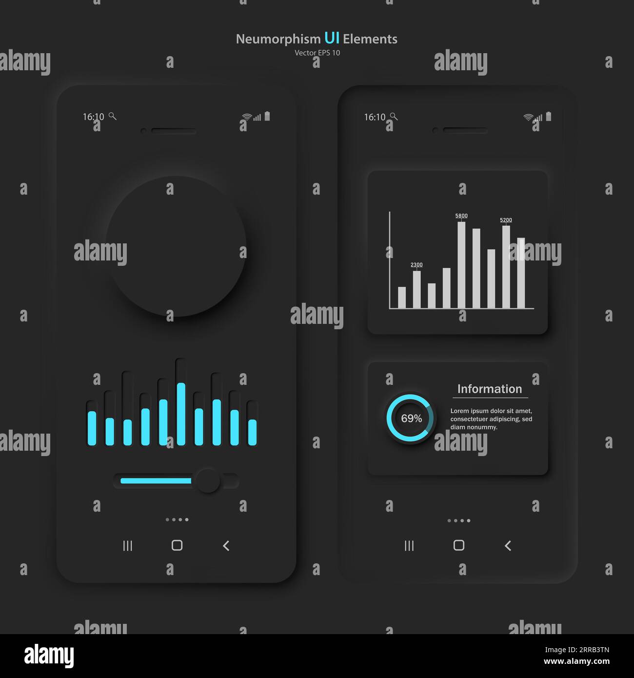 User interface elements for a mobile application in black and blue style. Stock Vector