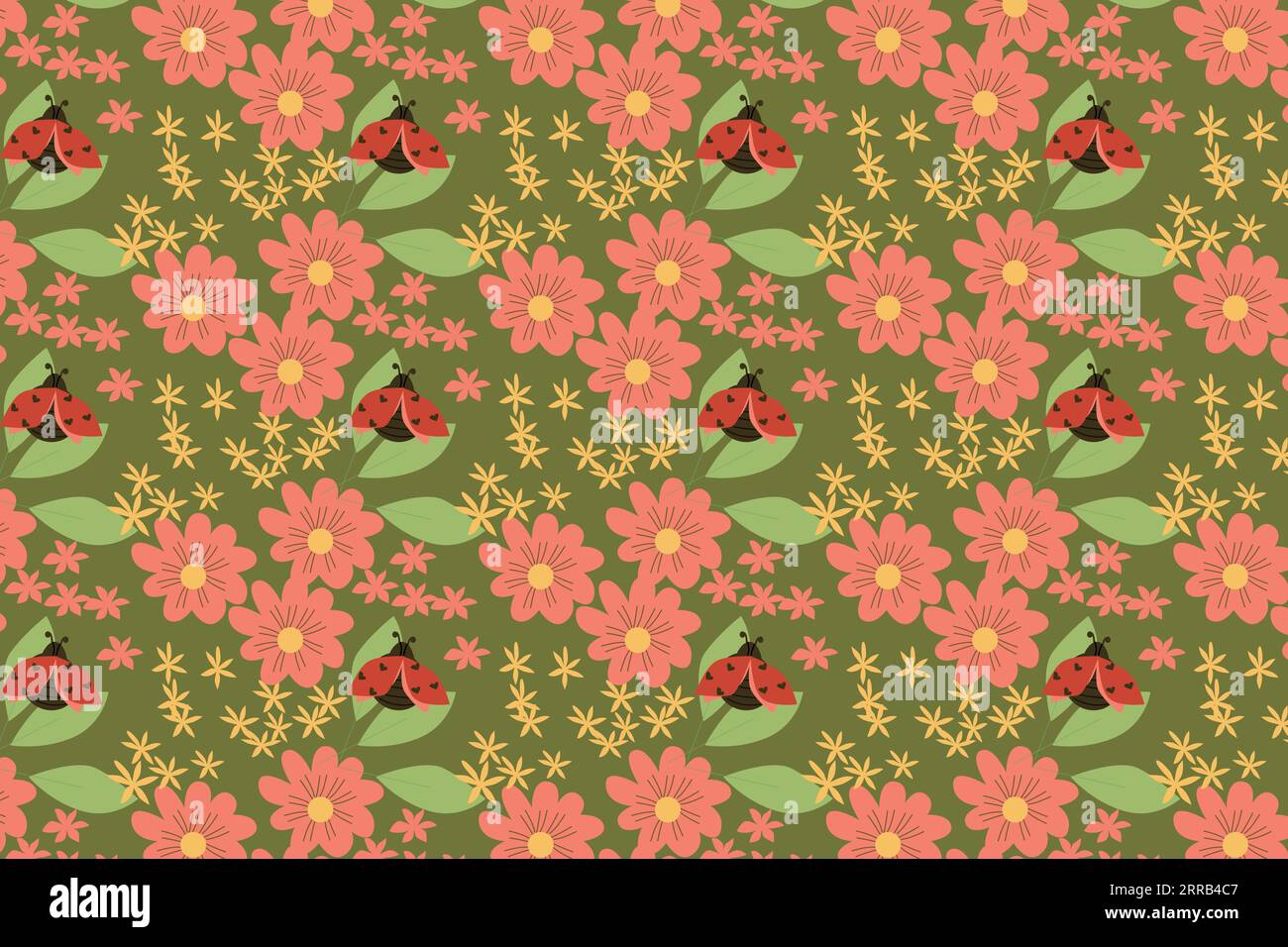 seamless pattern with ladybugs, daisy flowers Stock Vector