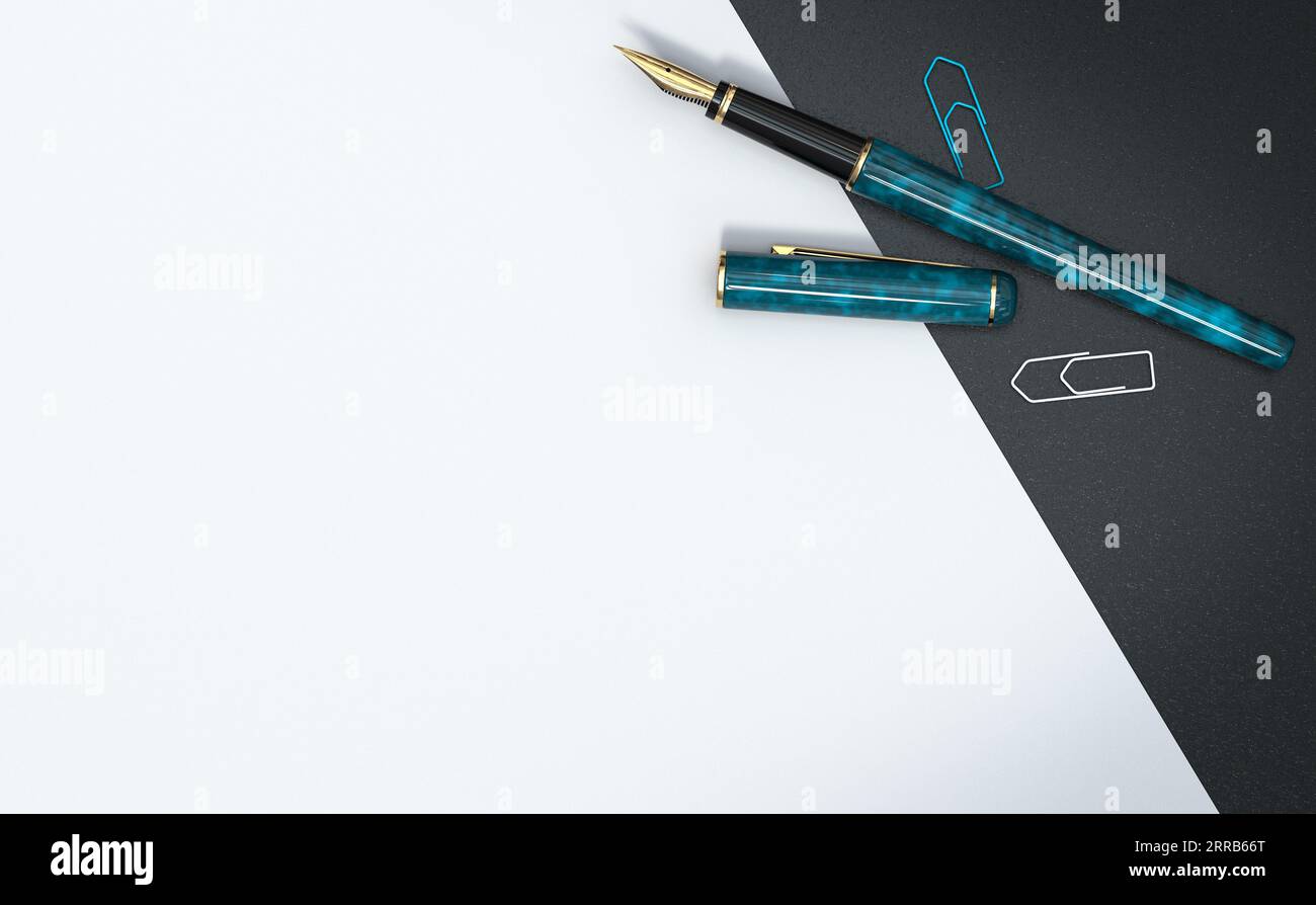 Top view of a fountain pen over paper background with copy space. Public letter writer concept. 3d illustration. Stock Photo