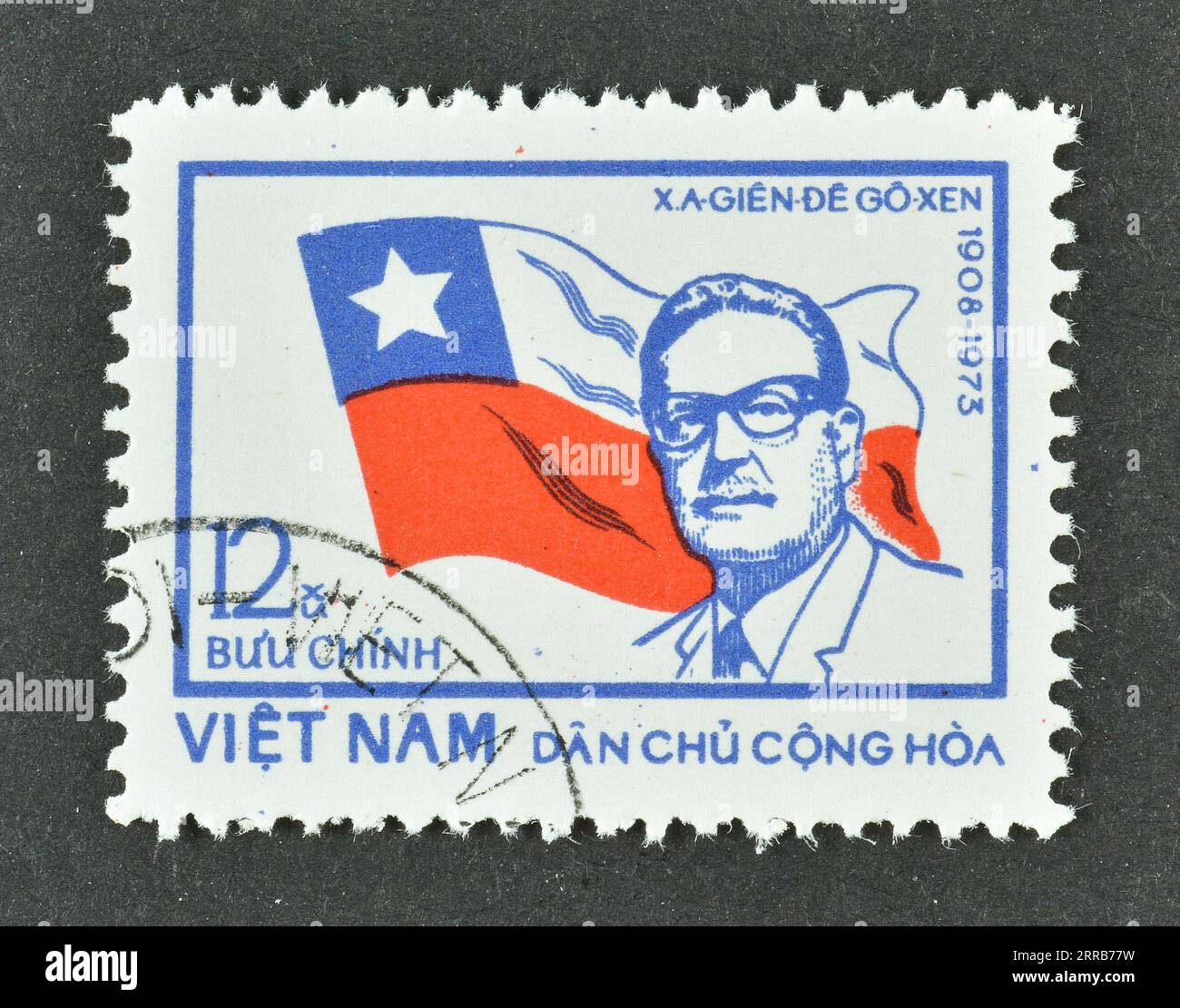 Cancelled postage stamp printed by Vietnam, that shows Salvador Allende