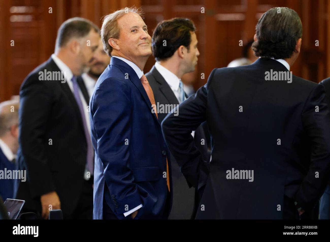 Texas Attorney General Ken Paxton looks up at the gallery during the first day of his impeachment trial in the Texas Senate chambers at the Texas State Capitol in Austin on Tuesday, Sept. 5, 2023. The Texas House, including a majority of its GOP members, voted to impeach Paxton for alleged corruption in May. (Juan Figueroa/Pool via The Dallas Morning News) Stock Photo
