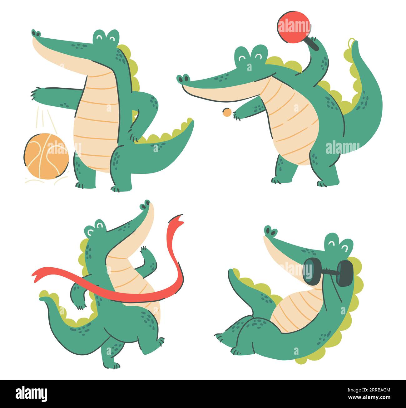 Crocodile cartoon characters . Sport concept . Hand drawn style . White isolate background . Vector . Stock Vector