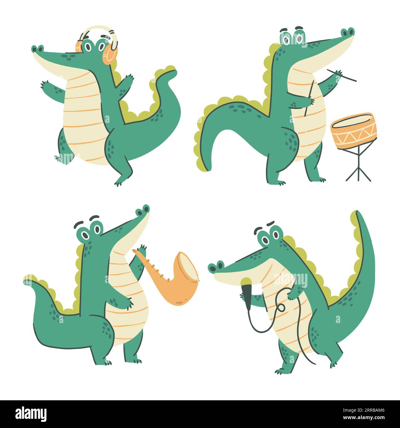 Crocodile cartoon characters . Musical concept . Hand drawn style . White isolate background . Vector . Stock Vector
