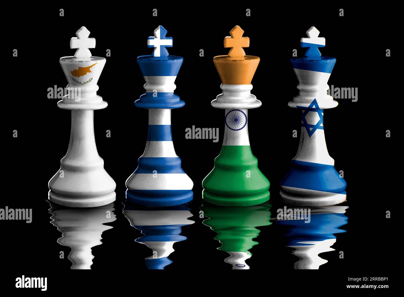 Greece, india ,israel and cyprus flags paint over on chess king. 3D illustration. Stock Photo