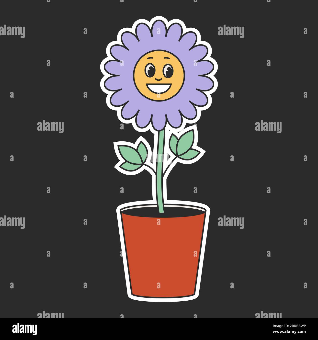 Retro groovy hippie flower in 1970 style. Cartoon flower in a pot on a black background. Vector