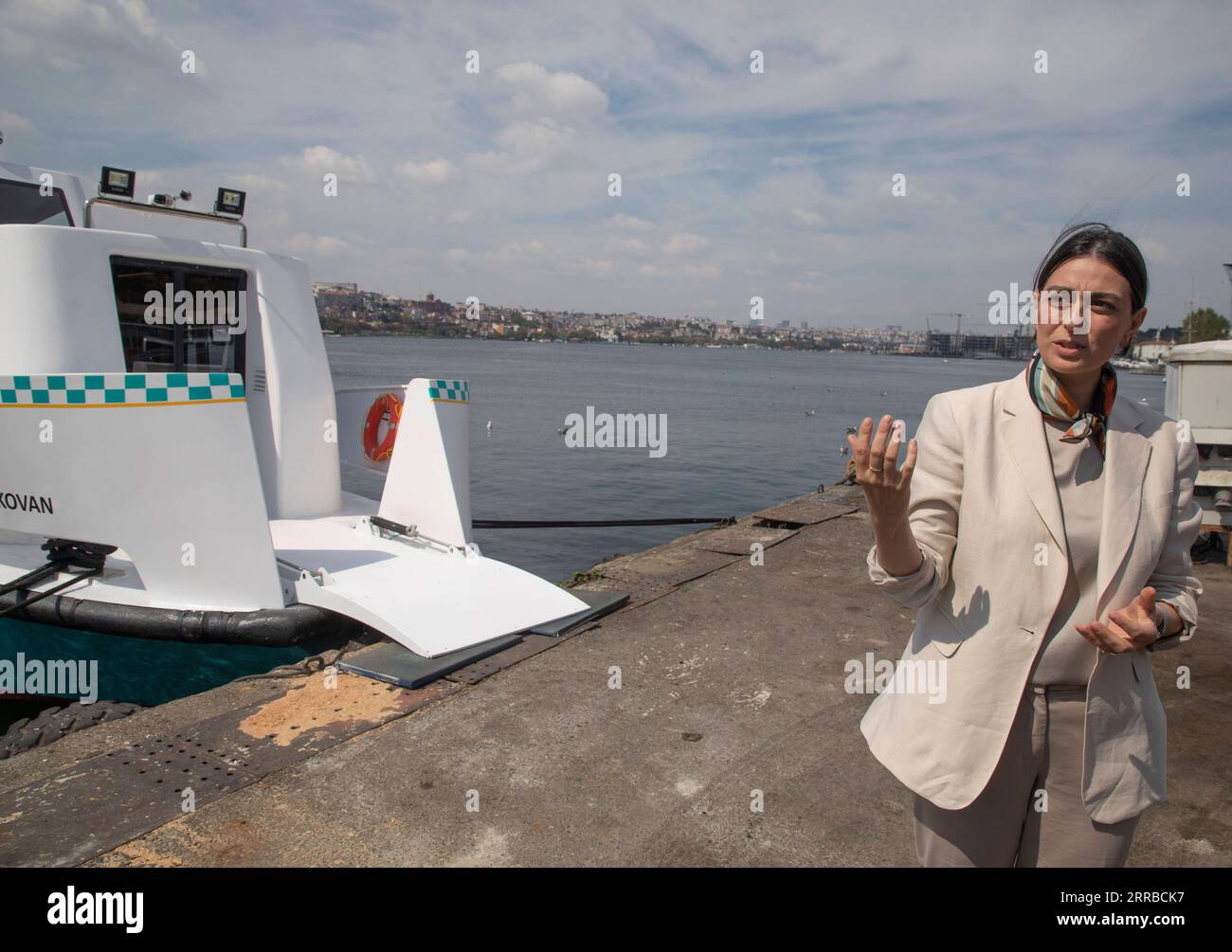 210914 -- ISTANBUL, Sept. 14, 2021 -- Sinem Dedetas speaks during an interview in Istanbul, Turkey, on Sept. 13, 2021. Sinem Dedetas, head of the Istanbul City Lines, is hopeful that the newly produced sea taxis will help ease traffic chaos in the city. Photo by /Xinhua TO GO WITH Feature: Sea taxis expected to ease traffic jams in Turkey s Istanbul TURKEY-ISTANBUL-SEA TAXI OsmanxOrsal PUBLICATIONxNOTxINxCHN Stock Photo
