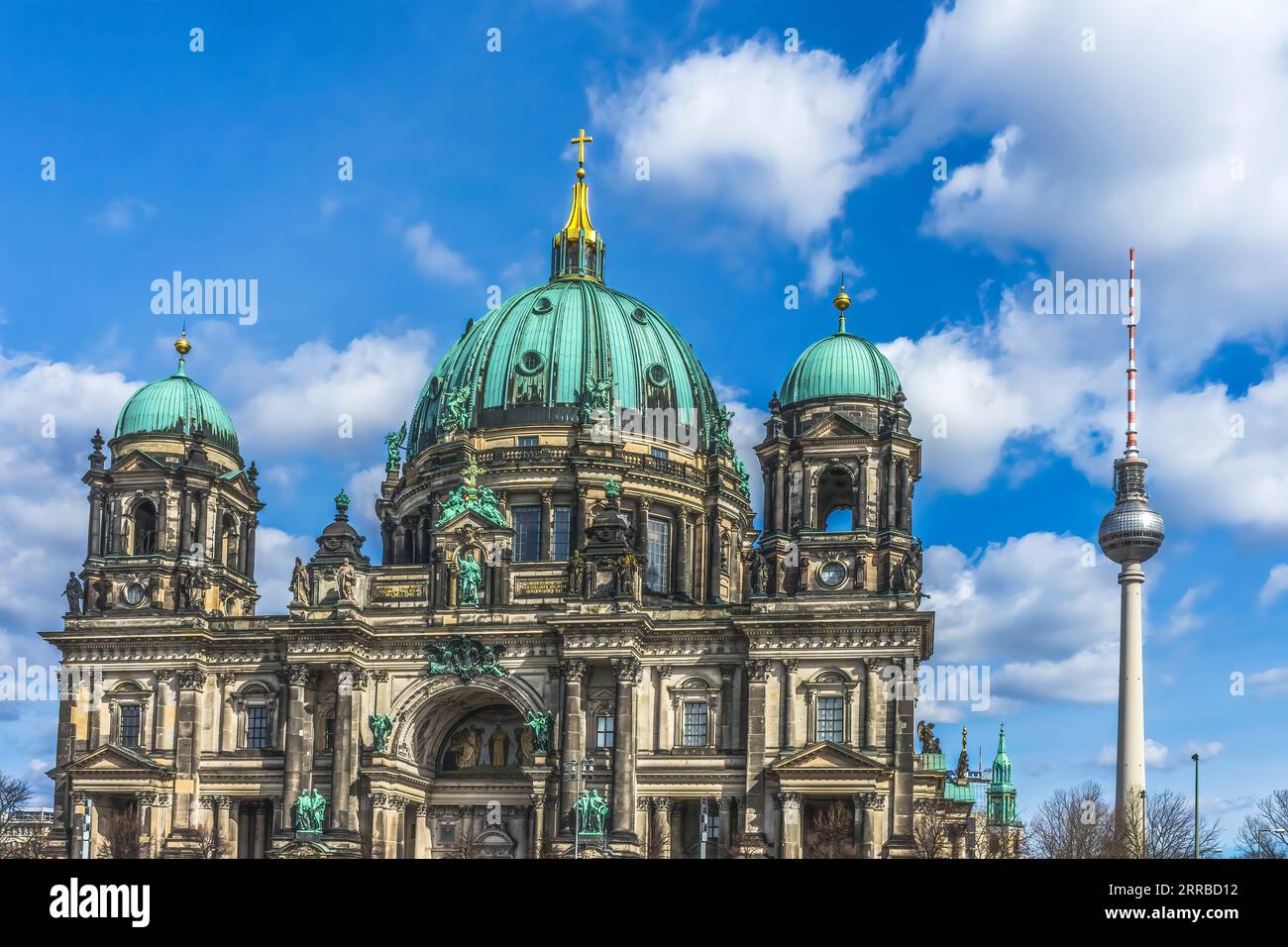Two Crosses Berlin TV Tower Fernsehturm and Berlin Cathedral Berlin Germany. Tower constructed in 1960s by East German Communist Government and joke a Stock Photo