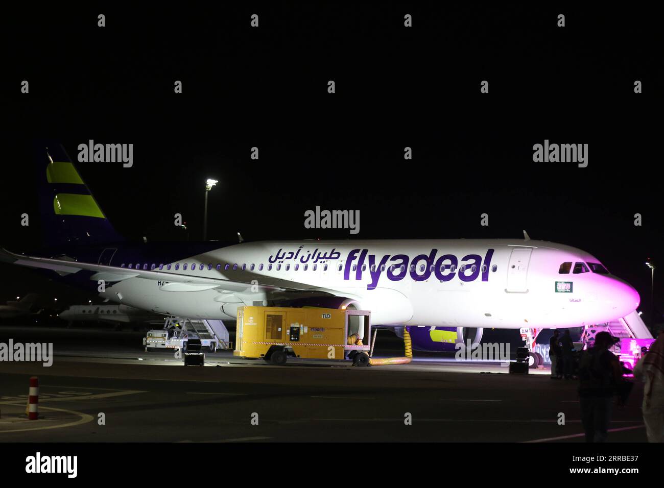 210916 -- JEDDAH, Sept. 16, 2021 -- Photo taken on Sept. 15, 2021 shows the Airbus A320neo jet received by Flyadeal at King Abdulaziz International Airport in Jeddah, Saudi Arabia. Flyadeal, a low-cost Saudi Arabian airline, officially inaugurated on Wednesday its latest Airbus A320neo jet, the third delivery in three months. Flyadeal, mainly serving domestic destinations, is founded in 2017 and owned by Saudi flag carrier Saudia. It has started international operations between Riyadh and Dubai, United Arab Emirates since July.  SAUDI ARABIA-JEDDAH-FLYADEAL AIRLINE-AIRBUS A320NEO WangxHaizhou Stock Photo