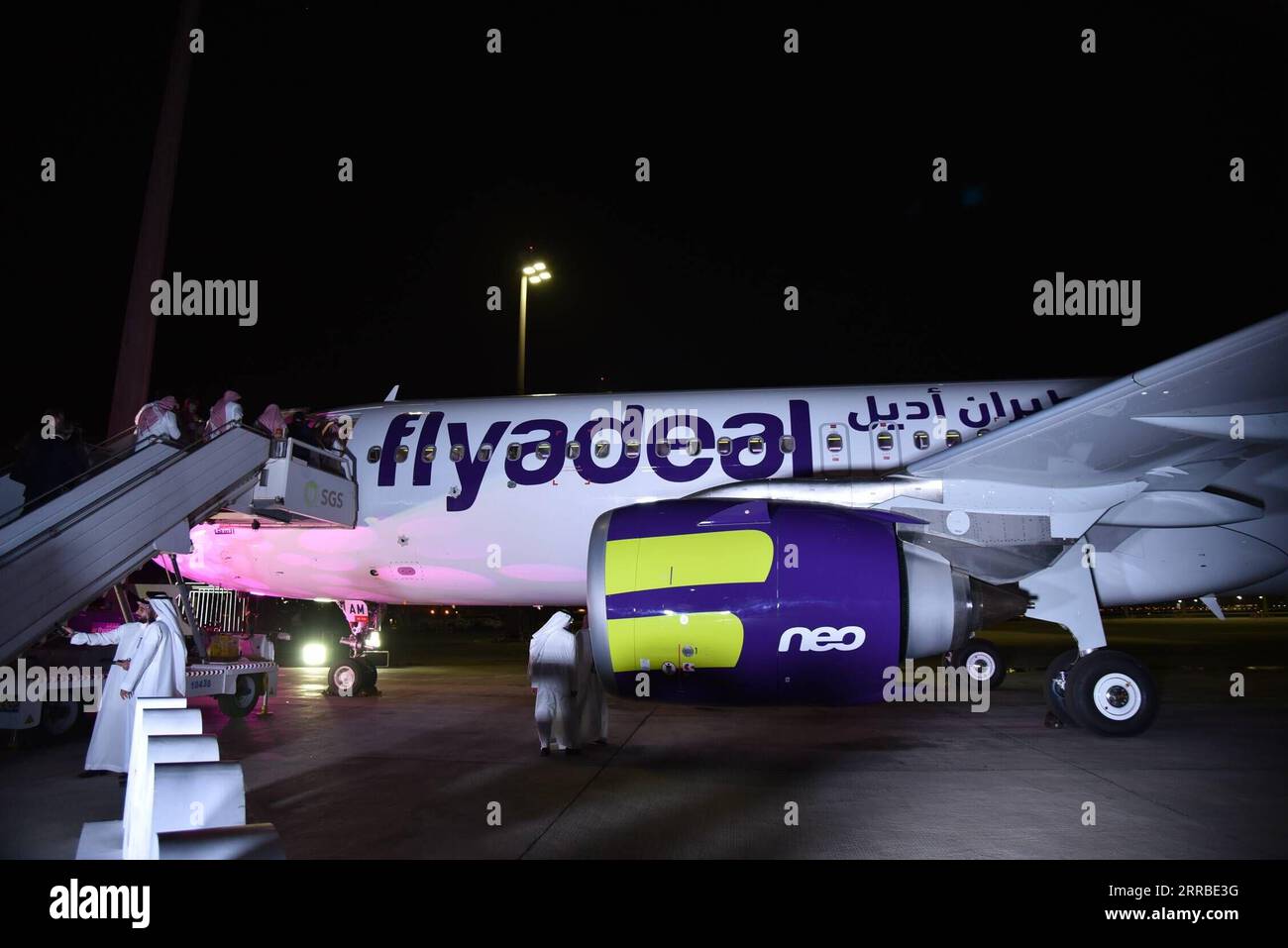 210916 -- JEDDAH, Sept. 16, 2021 -- Photo taken on Sept. 15, 2021 shows the Airbus A320neo jet received by Flyadeal at King Abdulaziz International Airport in Jeddah, Saudi Arabia. Flyadeal, a low-cost Saudi Arabian airline, officially inaugurated on Wednesday its latest Airbus A320neo jet, the third delivery in three months. Flyadeal, mainly serving domestic destinations, is founded in 2017 and owned by Saudi flag carrier Saudia. It has started international operations between Riyadh and Dubai, United Arab Emirates since July.  SAUDI ARABIA-JEDDAH-FLYADEAL AIRLINE-AIRBUS A320NEO HuxGuan PUBLI Stock Photo