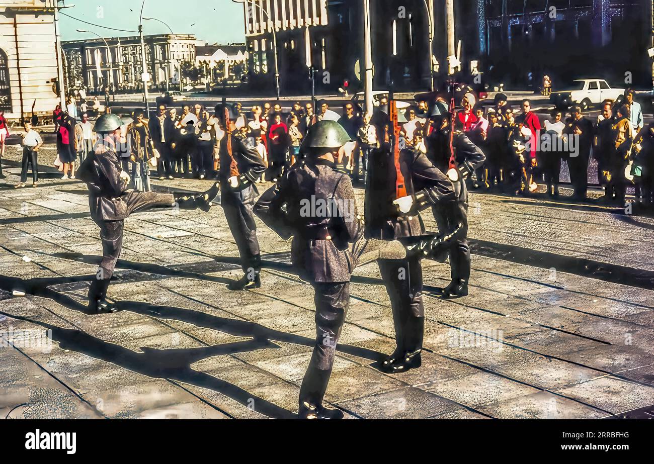 Honor Guard Goose Steping Marching Neue Wache Original East German War Memorial Berlin Germany. 1971 Photo by contributor. Built in 1818. After WW 2, Stock Photo