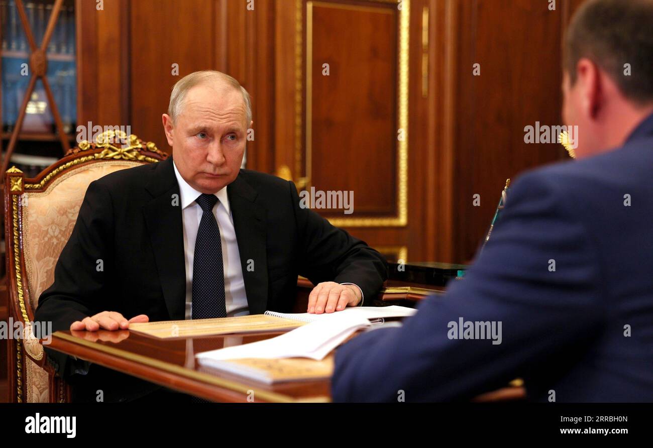 Moscow, Russia. 07th Sep, 2023. Russian President Vladimir Putin, left, listens to Head of the Republic of Mordovia Artem Zdunov, right, report on the economy of the region during a face-to-face meeting at the Kremlin, September 7, 2023 in Moscow, Russia. Credit: Russian Presidential Press Office/Kremlin Pool/Alamy Live News Stock Photo
