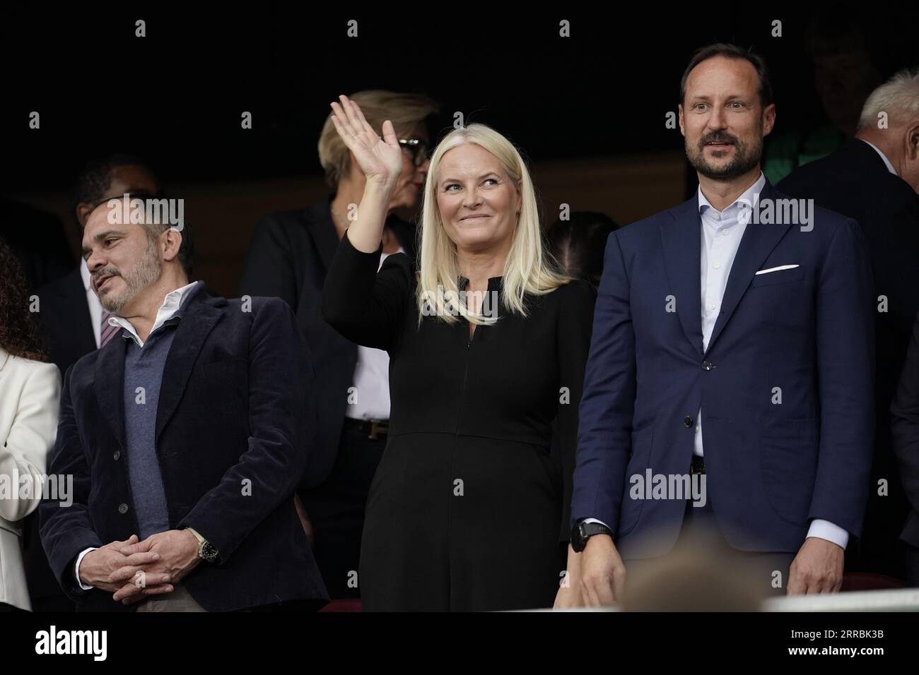 Oslo 20230907.Crown Princess Mette Marit and Crown Prince Haakon during the private national football match between Norway and Jordan at Ullevaal Stadium. Photo: Stian Lysberg Solum / NTB Stock Photo