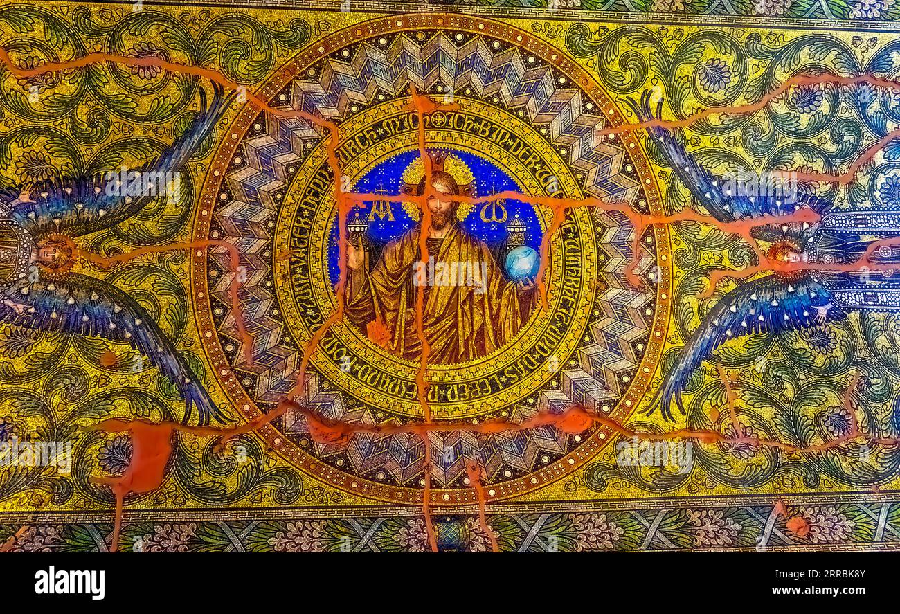 Jesuc Christ Mosaic Kaiser Wilhelm Memorial Church Gedächtniskirche Berlin Germany. Mosaic and Church built in 1890s, bombed in 1943. Chruch and Mosai Stock Photo