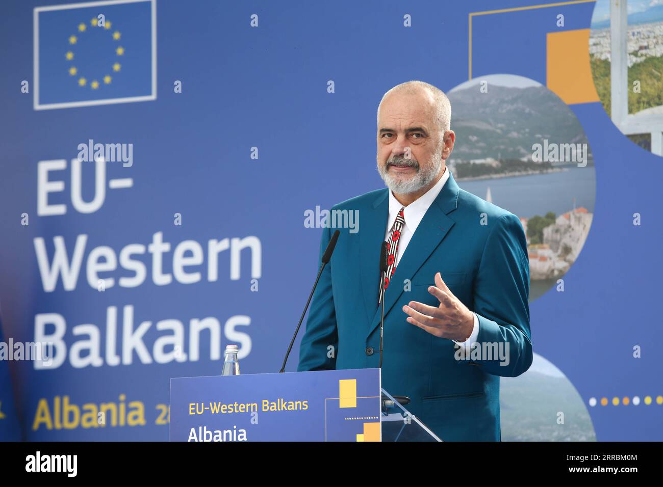 210929 -- TIRANA, Sept. 29, 2021 -- Albanian Prime Minister Edi Rama speaks during a joint press conference with visiting President of the European Commission Ursula von der Leyen in Tirana, Albania, Sept. 28, 2021. Photo by /Xinhua ALBANIA-TIRANA-EU-URSULA VON DER LEYEN-VISIT GentxOnuzi PUBLICATIONxNOTxINxCHN Stock Photo