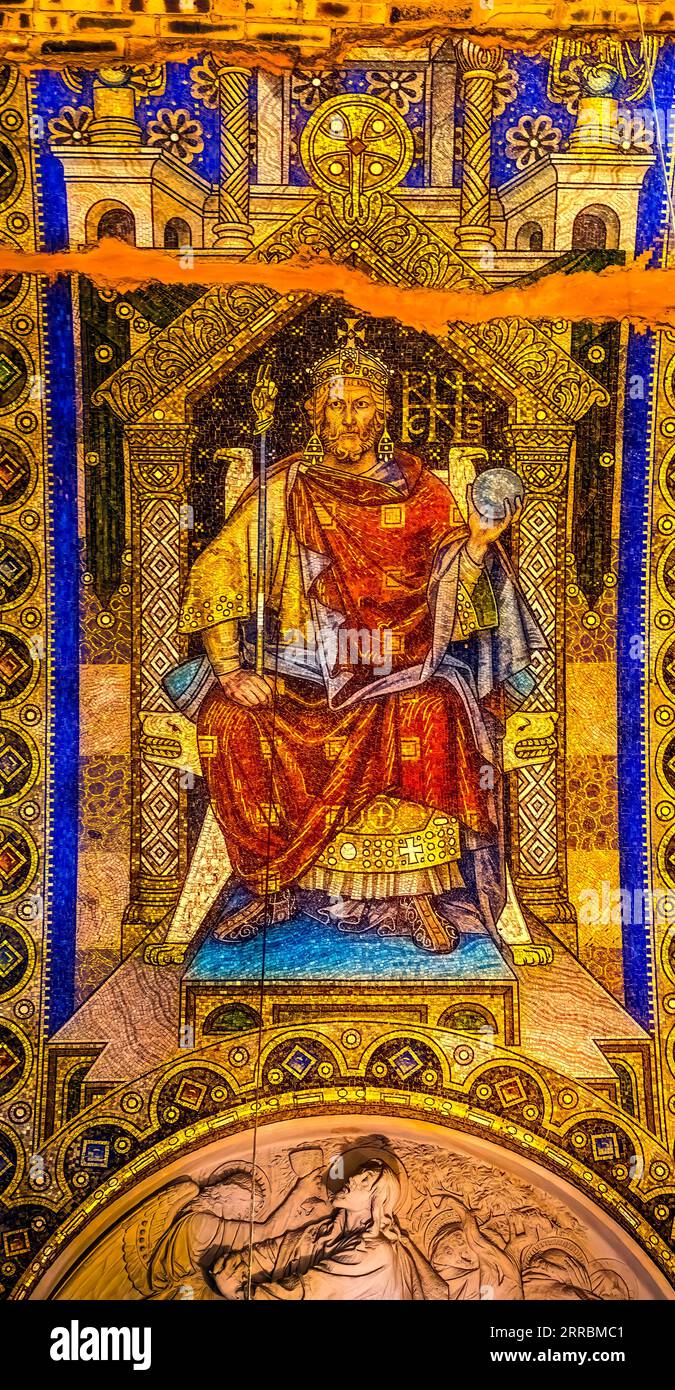 Emperor Heinrich I Mosaic Kaiser Wilhelm Memorial Church Gedächtniskirche Berlin Germany. Mosaic and Church built in 1890s, bombed in 1943. Chruch and Stock Photo