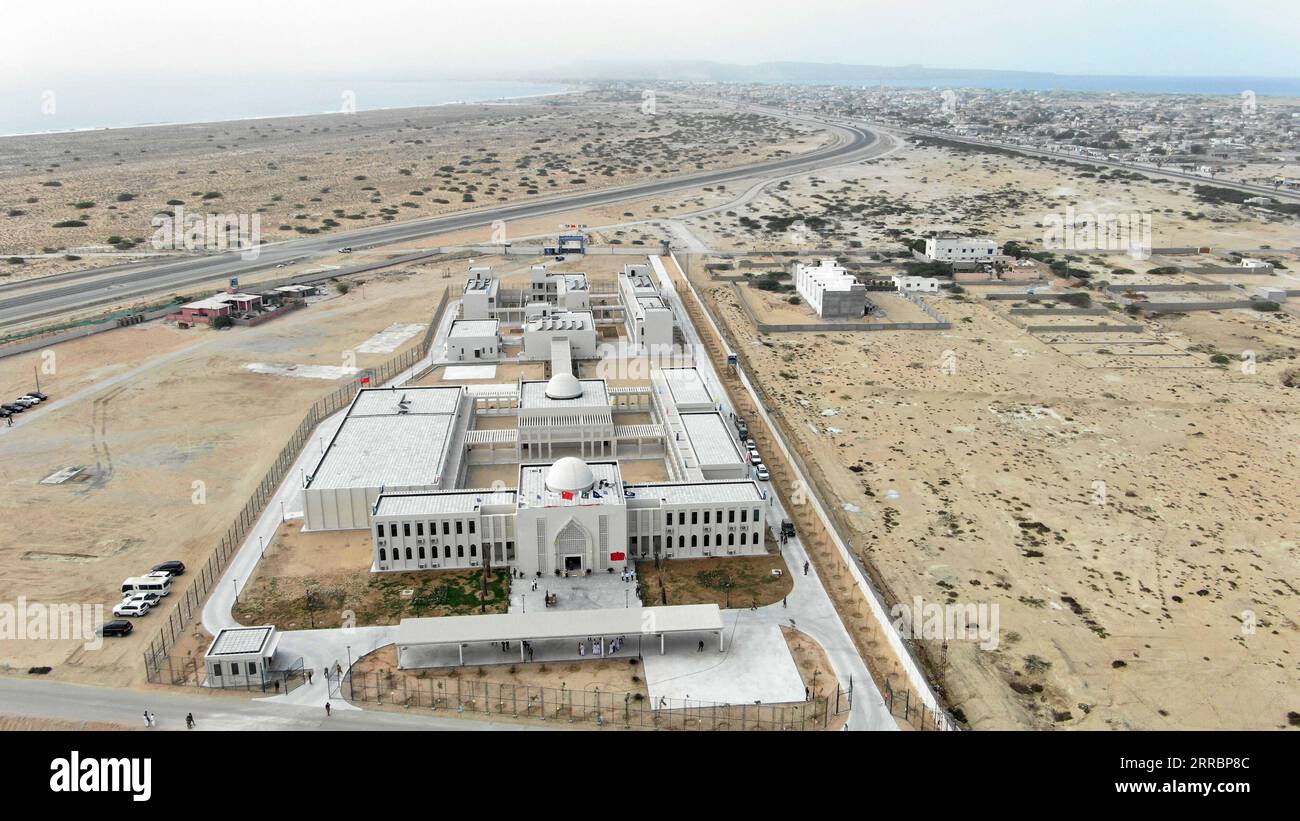 211002 -- GWADAR, Oct. 2, 2021 -- Aerial photo taken on Oct. 1, 2021 shows a view of the China-donated Gwadar Technical and Vocational Institute in southwest Pakistan s Gwadar. The completion ceremony of the institute was held on Friday in Gwadar. Str/Xinhua PAKISTAN-GWADAR-CHINA-AIDED INSTITUTE Stringer PUBLICATIONxNOTxINxCHN Stock Photo