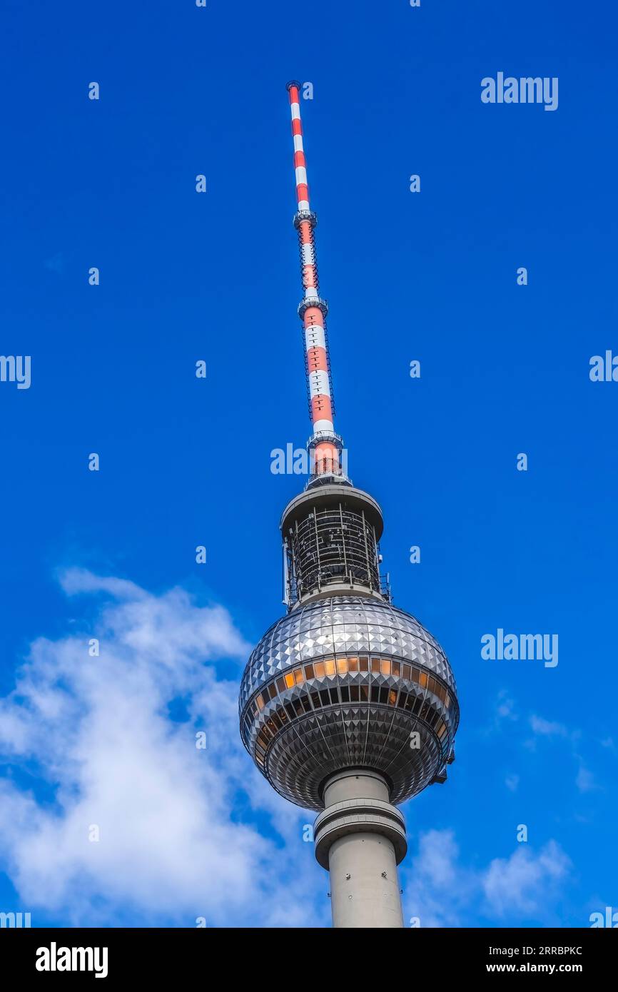 Berlin TV Tower Fernsehturm Alexanderplatz Berlin Germany. Tower constructed in 1960s by East German Communist Government. Tower tallest structure in Stock Photo