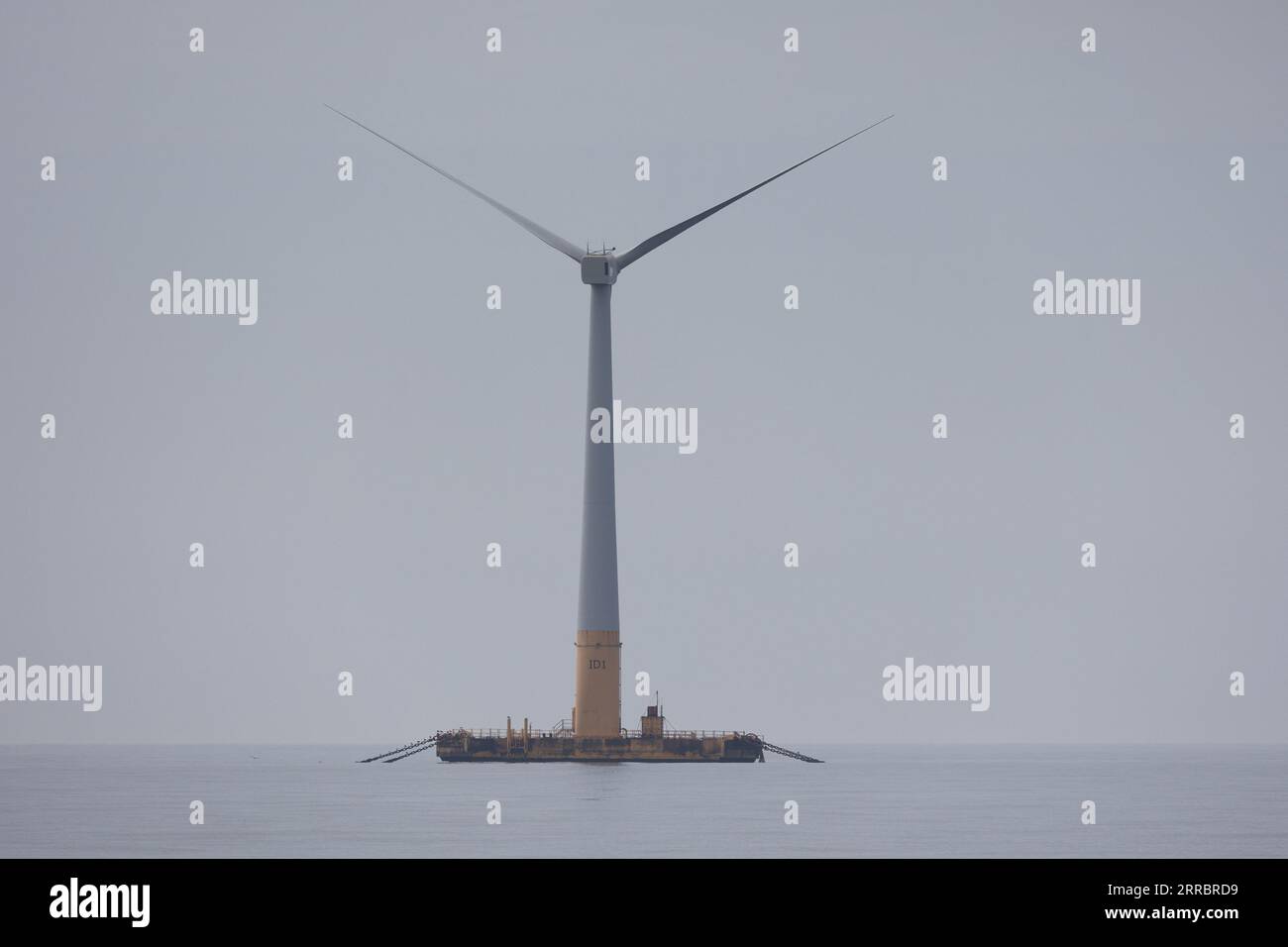 Le Croisic, France. 07th Sep, 2023. This photograph shows the Floatgen floating wind turbine which powers the Lhyfe floating hydrogen production unit (unseen) at the SEM-REV experimentation site off Le Croisic, western France, on September 7, 2023. Photo by Raphael Lafargue/ABACAPRESS.COM Credit: Abaca Press/Alamy Live News Stock Photo