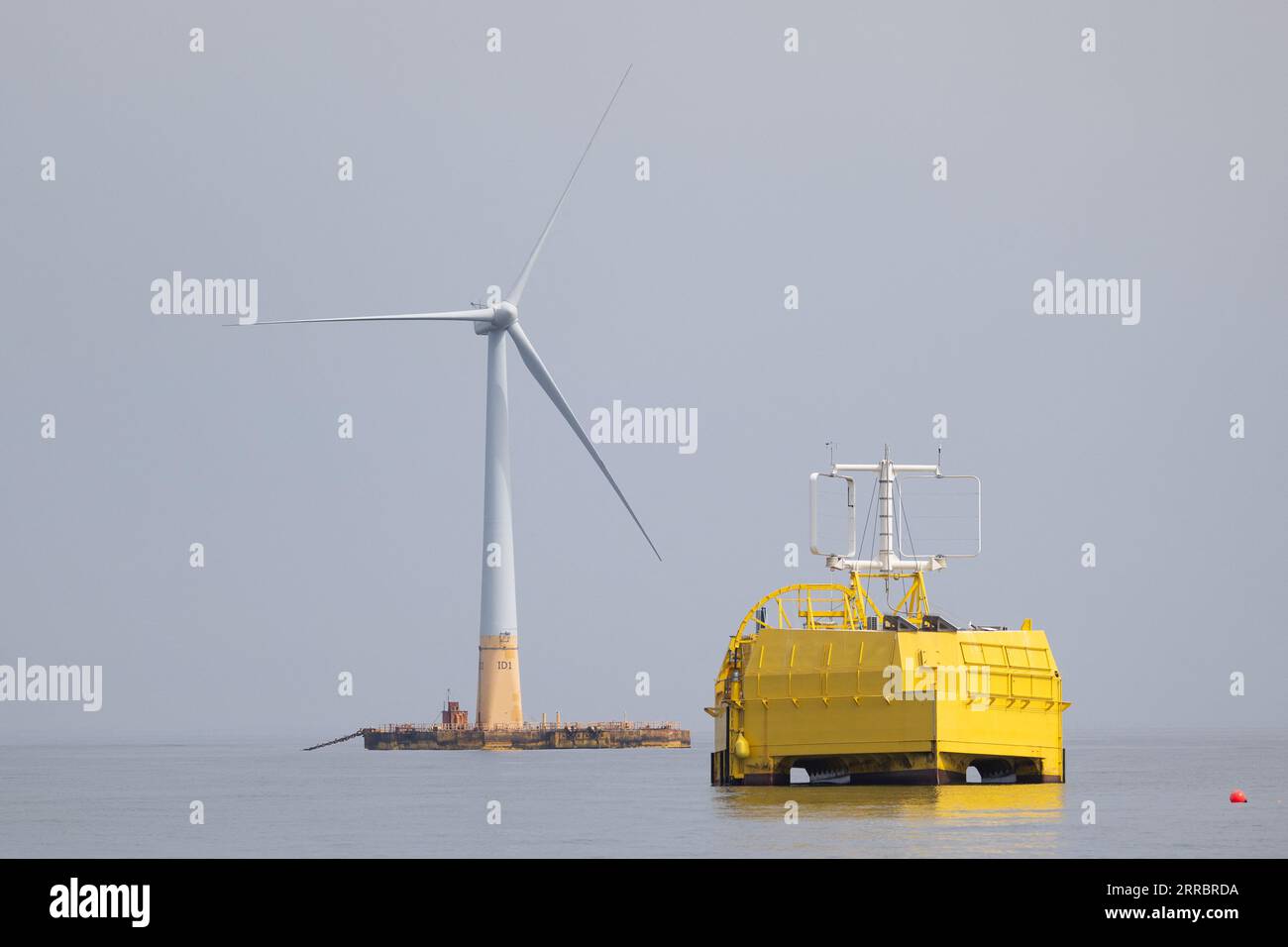 Le Croisic, France. 07th Sep, 2023. This photograph shows Lhyfe floating hydrogen production unit past the Floatgen floating wind turbine, at the SEM-REV experimentation site off Le Croisic, western France, on September 7, 2023. Photo by Raphael Lafargue/ABACAPRESS.COM Credit: Abaca Press/Alamy Live News Stock Photo