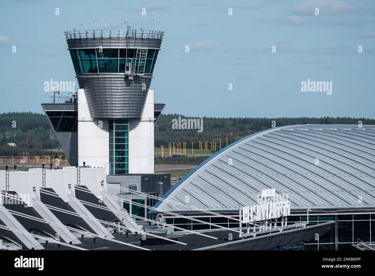 Helsinki / Finland - SEPTEMBER 7, 2023: Helsinki-Vantaa Airport EFHK. Air Traffic Control ATC tower at Helsinki Airport, operated by Finavia. Stock Photo