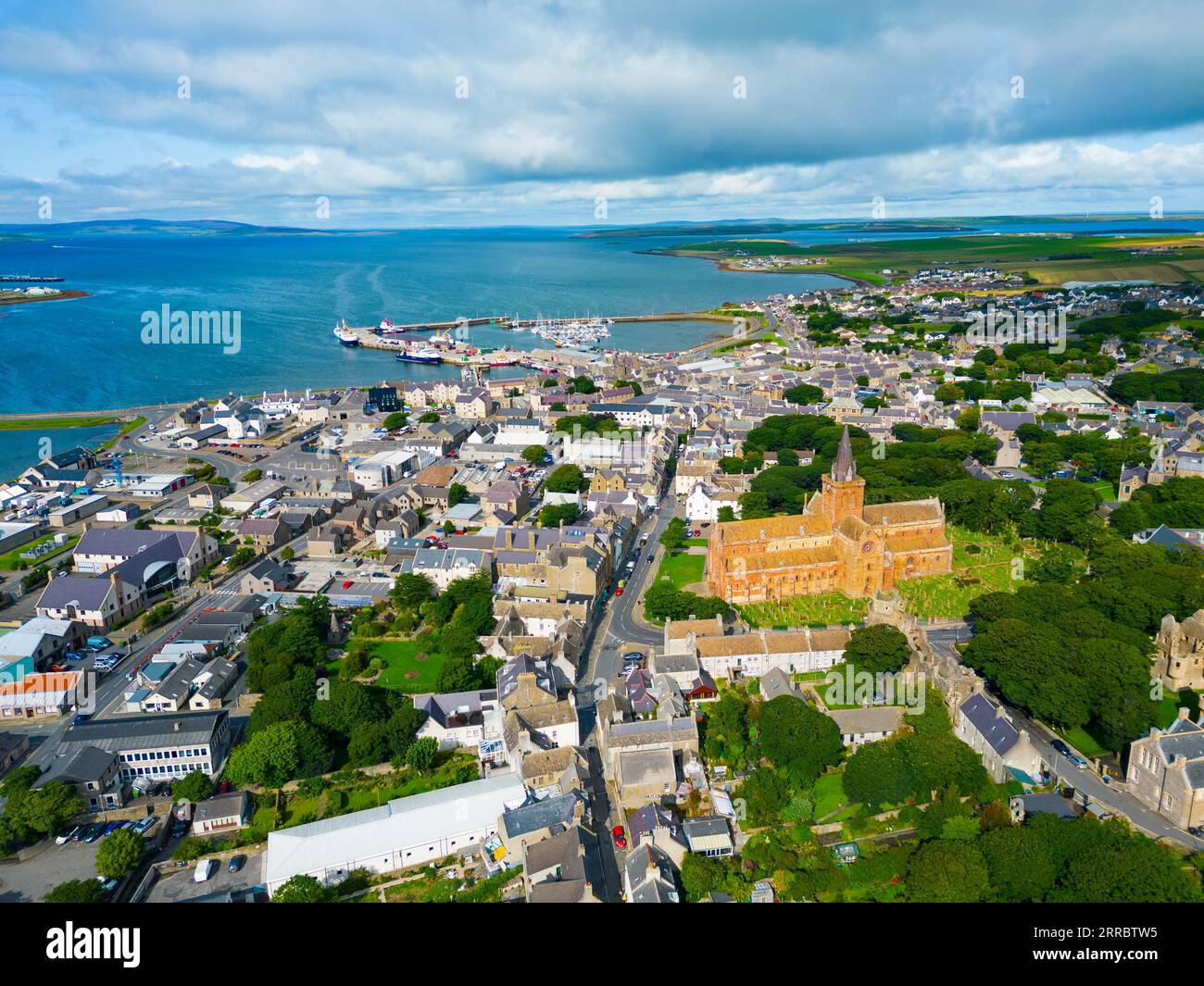 Aerial view of St Magnus Cathedral in Kirkwall, Mainland, Orkney