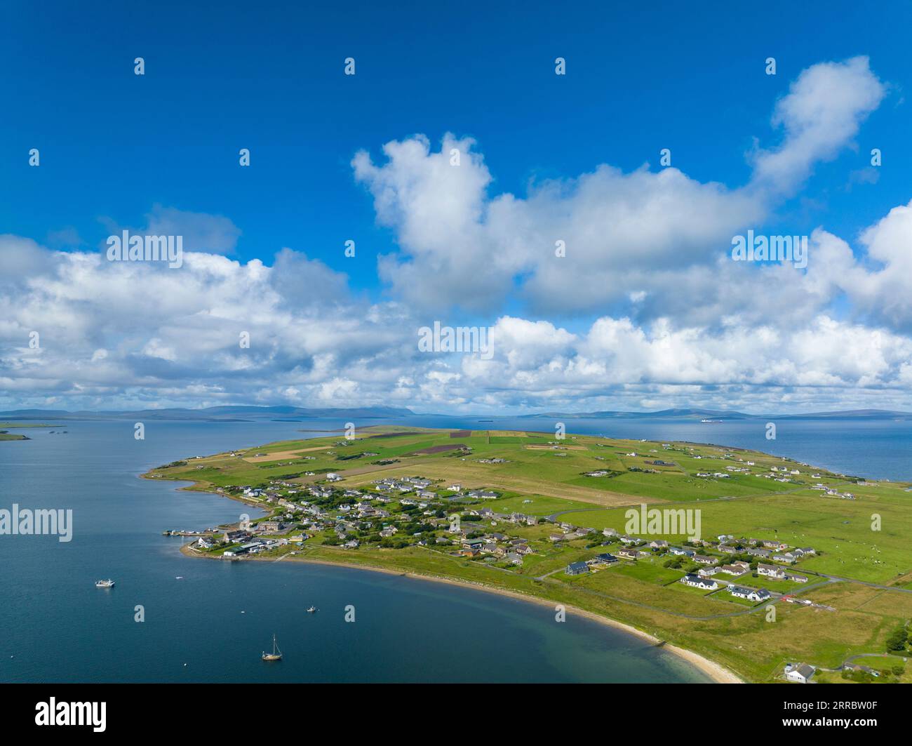 Aerial view of Burray village on Scapa Flow coast on Burray Island