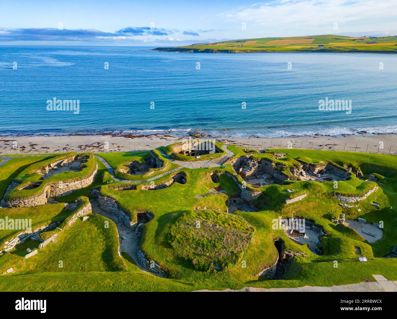 Aerial view of Skara Brae stone-built Neolithic settlement, located on the Bay of Skaill , west mainland, Orkney Islands, Scotland, UK. Stock Photo