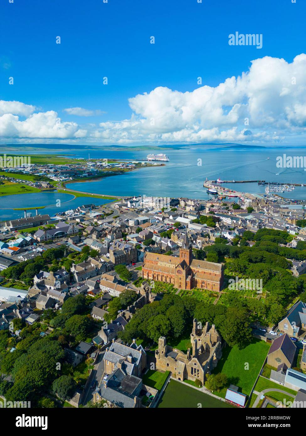 Aerial view of St Magnus Cathedral and view of skyline of Kirkwall