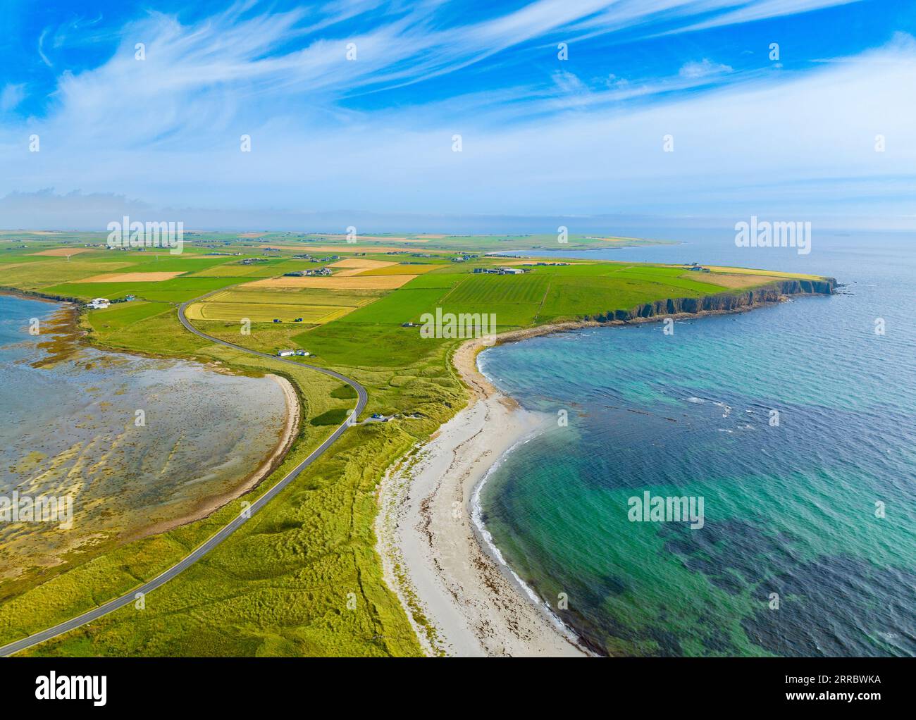 Aerial view of beaches at Taracliff Bay and Peter’s Pool at Sandi Sands on East Mainland, Upper Sanday, Orkney Islands, Scotland, UK. Stock Photo