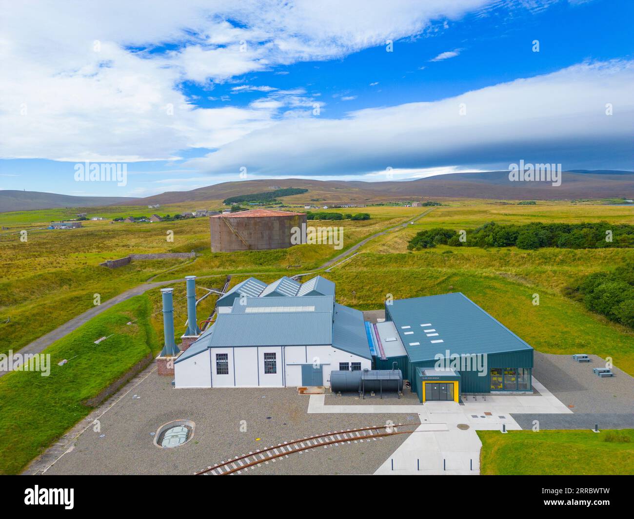 Aerial view of newly extended Scapa Flow Museum at Lyness, Hoy , Orkney Islands, Scotland, UK Stock Photo