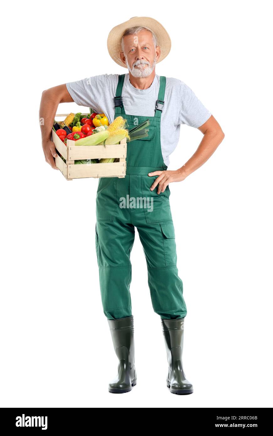 Mature male farmer with wooden box full of different ripe vegetables ...