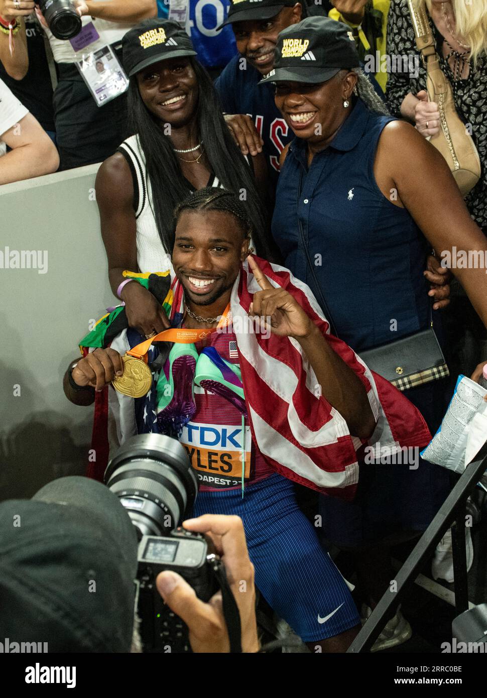 Noah Lyles of the USA celebrates after winning the men’s 200m final on